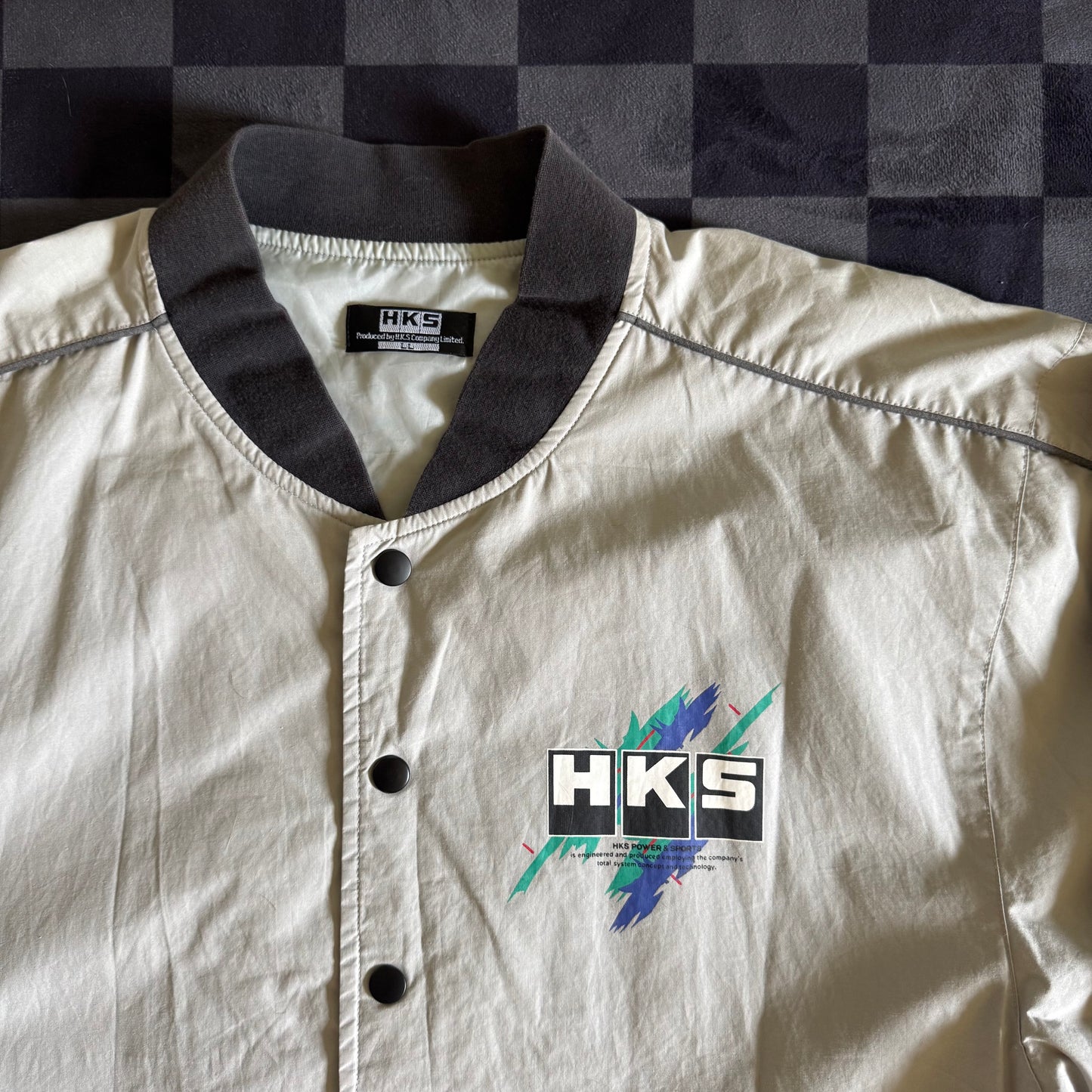Vintage HKS Power Racing Oil Splatter Grey Bomber Jacket Size Large