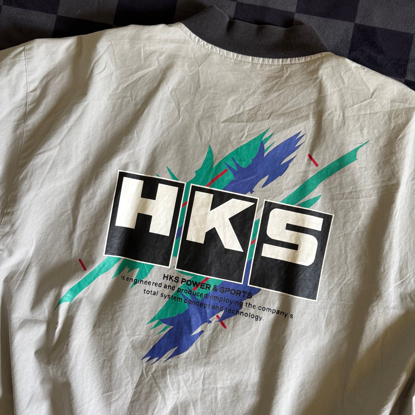 Vintage HKS Power Racing Oil Splatter Grey Bomber Jacket Size Large