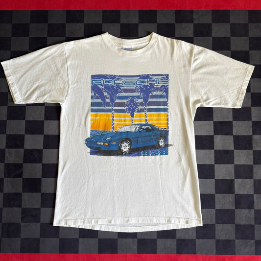 Vintage 90s Porsche 928 Maritime Blue Sunset White T Shirt Size Large