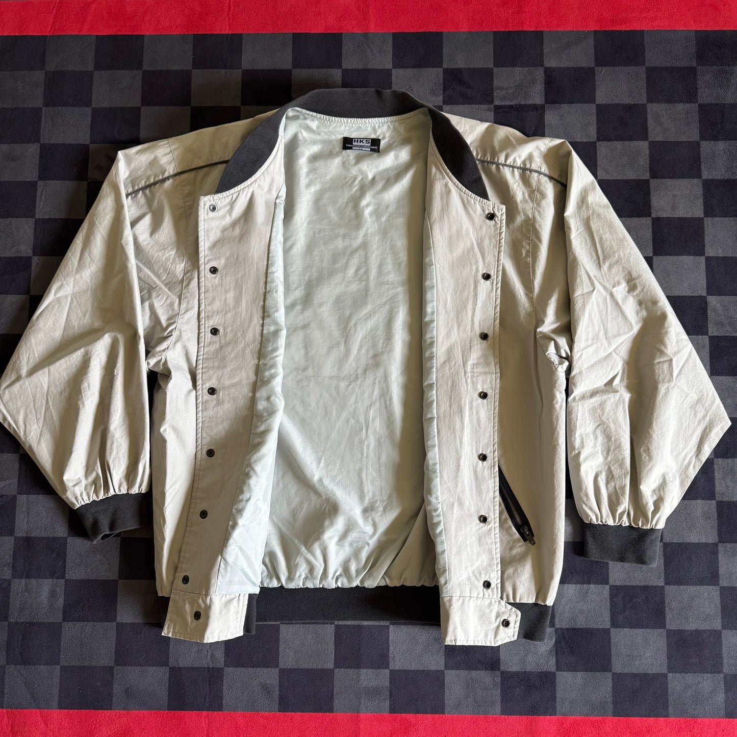 Vintage HKS Power Racing Oil Splatter Grey Bomber Jacket Size Large