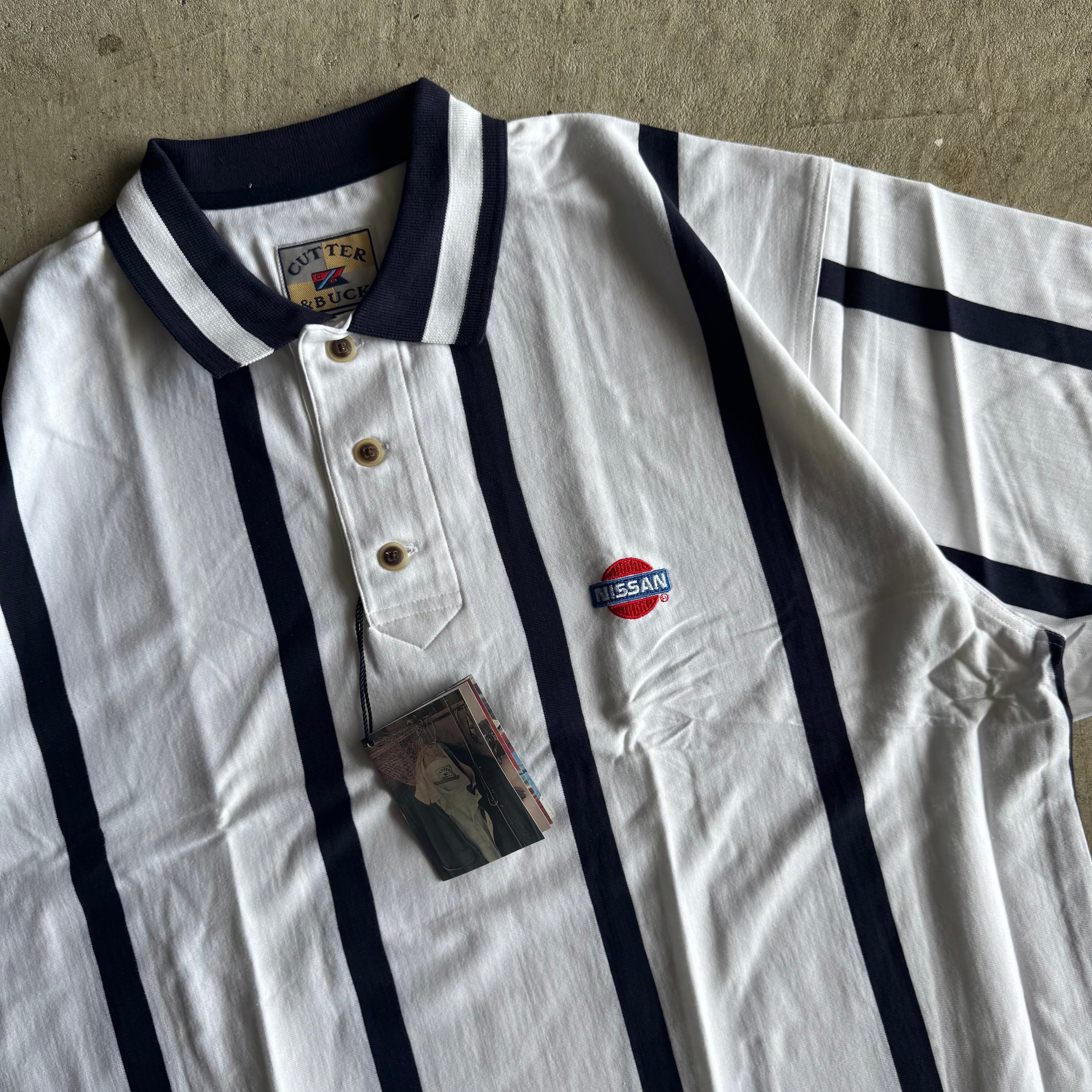 90s Nissan Cutter & Buck Oversized Striped White Polo Shirt (L)
