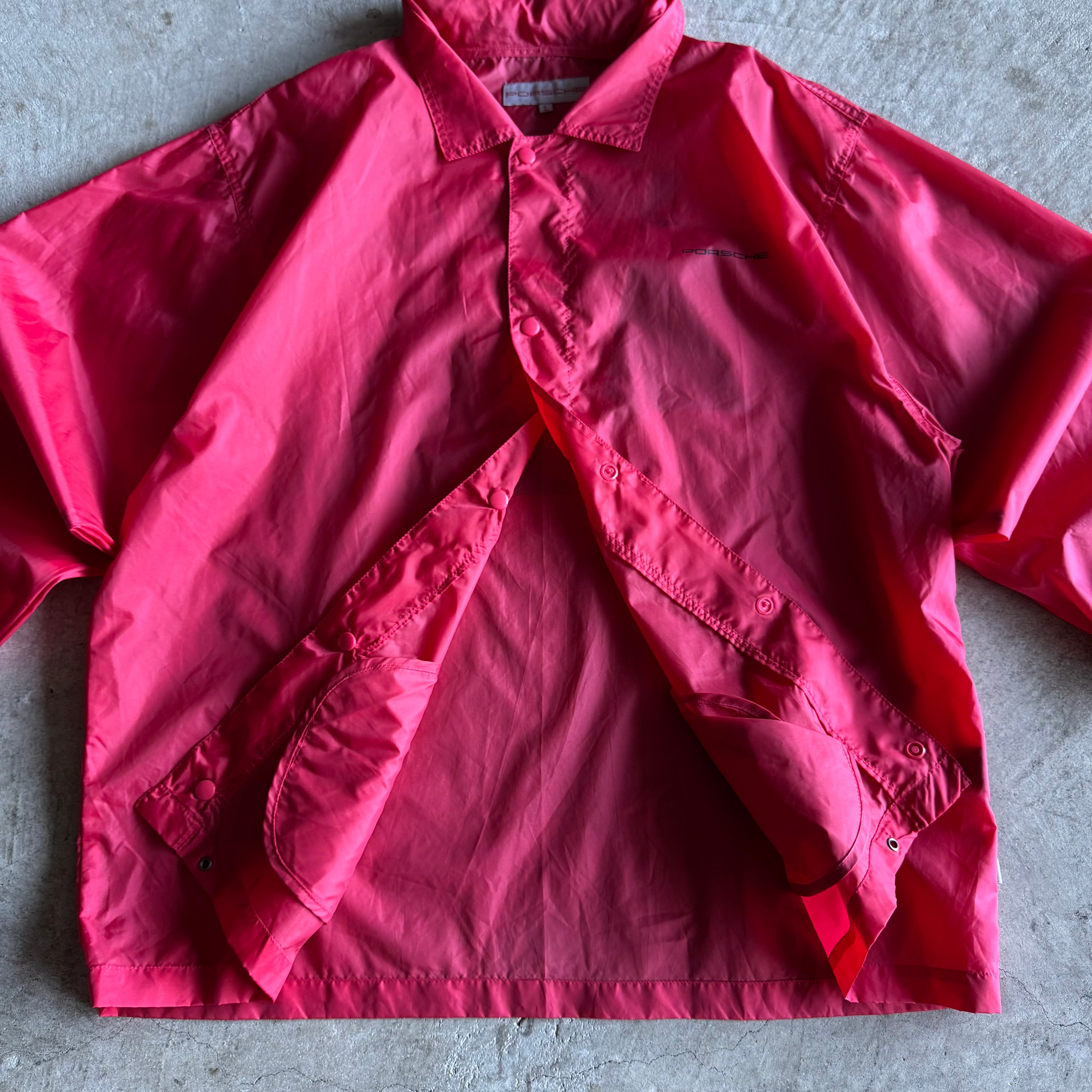 80s Porsche 944 Turbo Script Red Overcoat Rain Jacket (L)