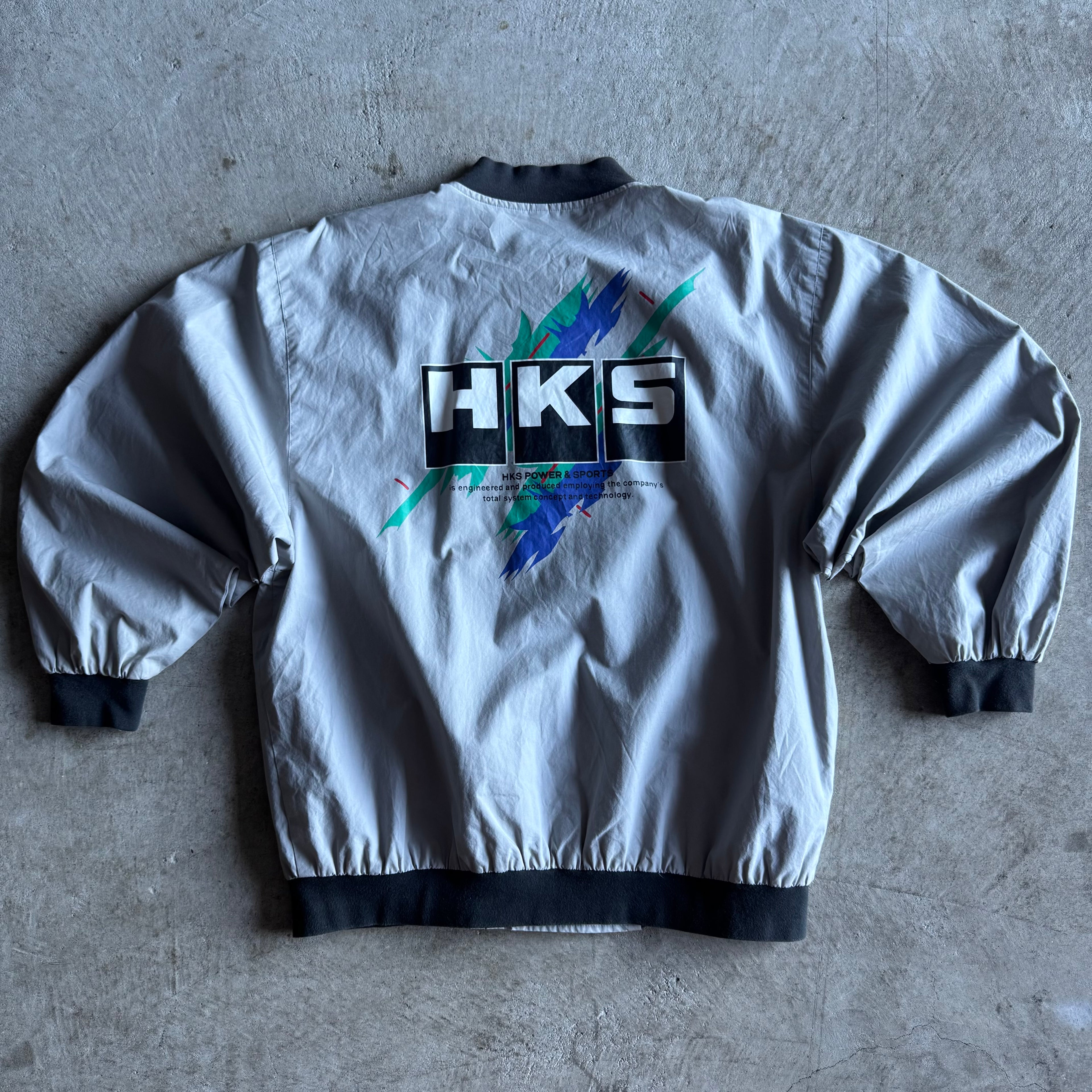 Vintage HKS Power Racing Oil Splatter Grey Bomber Jacket Size Large