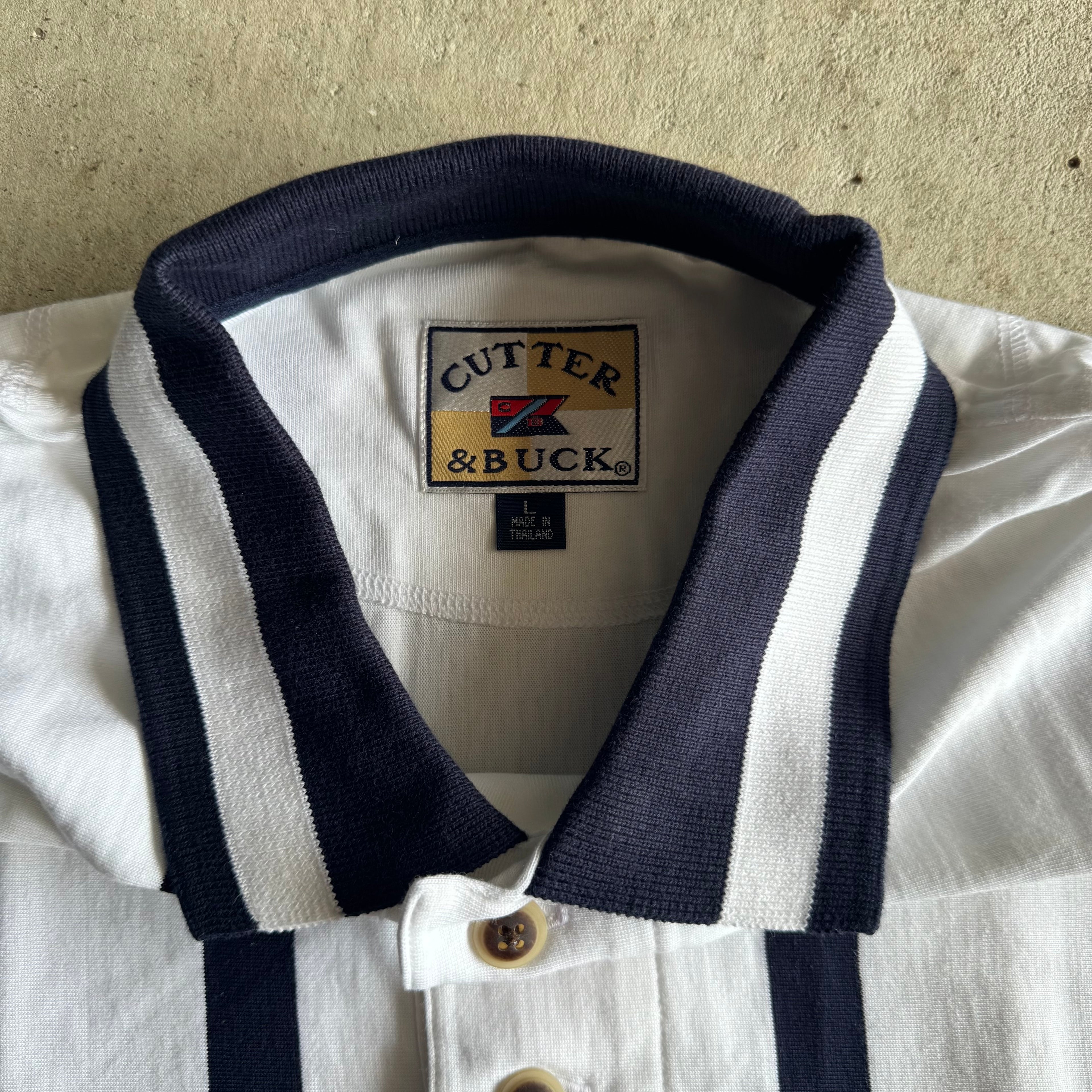 90s Nissan Cutter & Buck Oversized Striped White Polo Shirt (L)