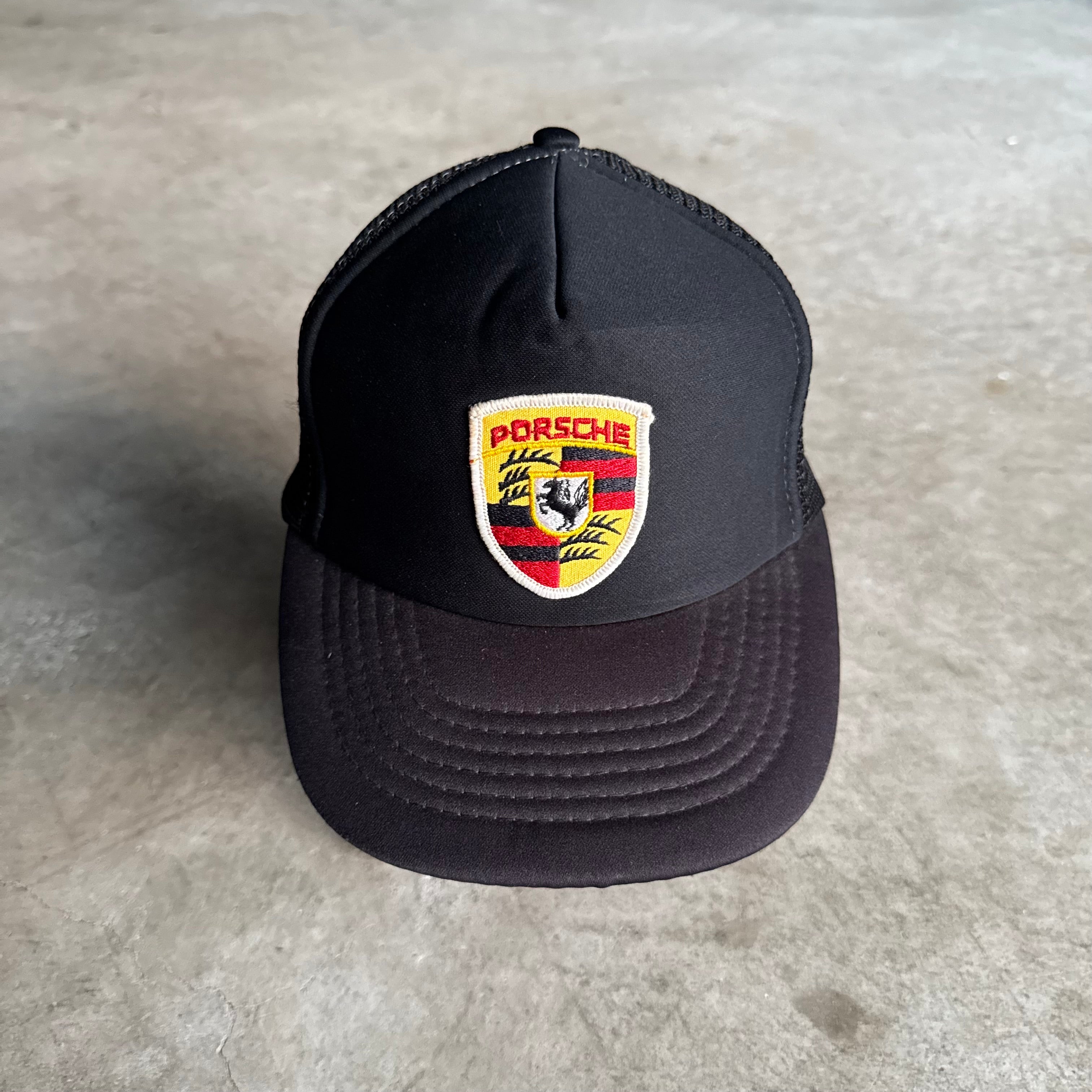 80s Porsche Crest Patch Black Mesh Adjustable Trucker Hat