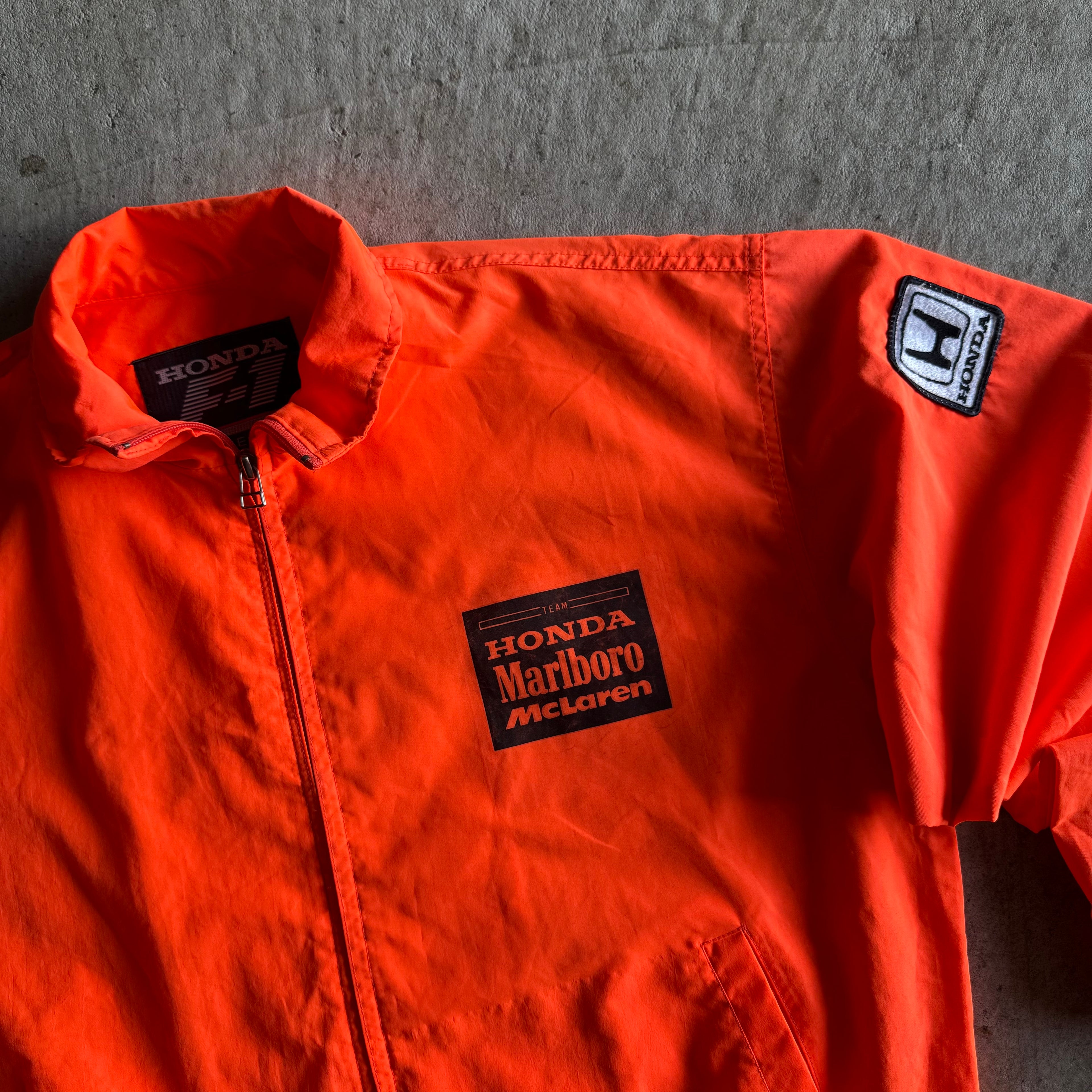 Vintage 90s Honda McLaren F1 Aryton Senna Berger Orange Jacket Size Large
