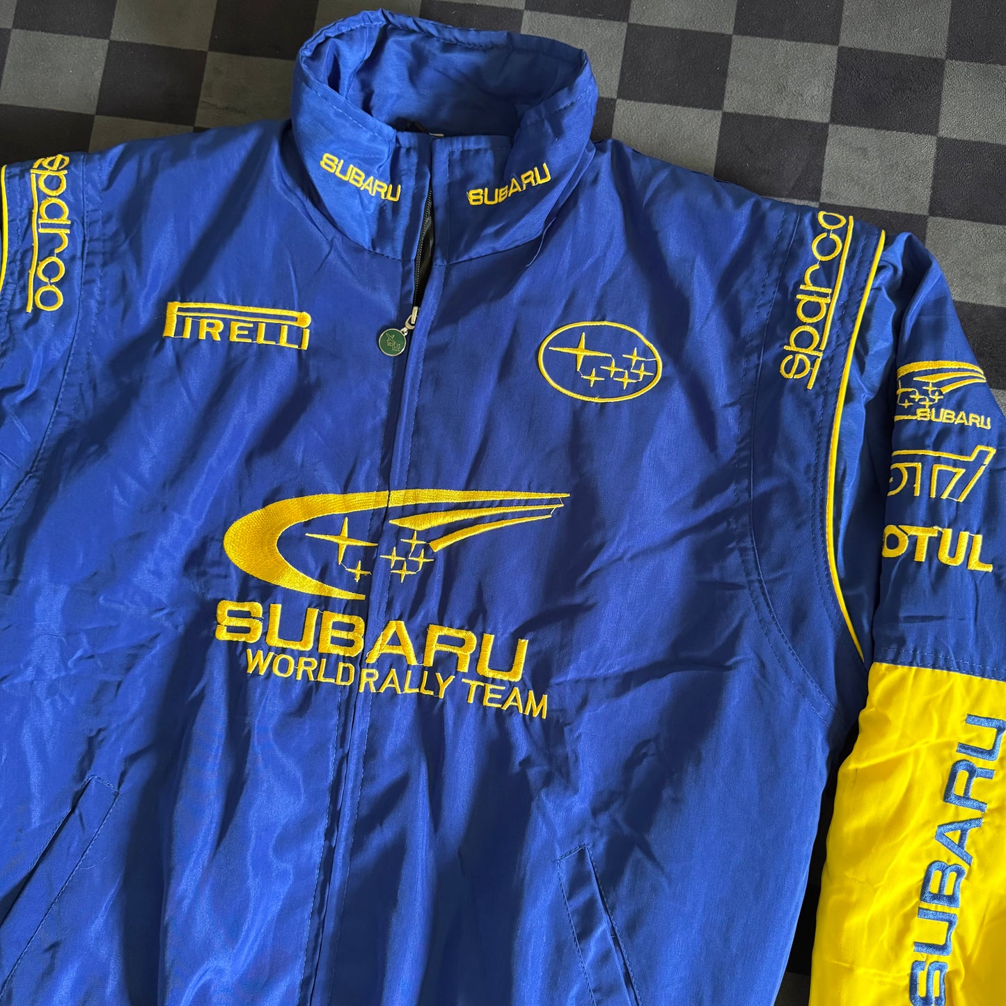 Vintage 90s Bootleg Subaru Rally Racing Blue Jacket Size Large