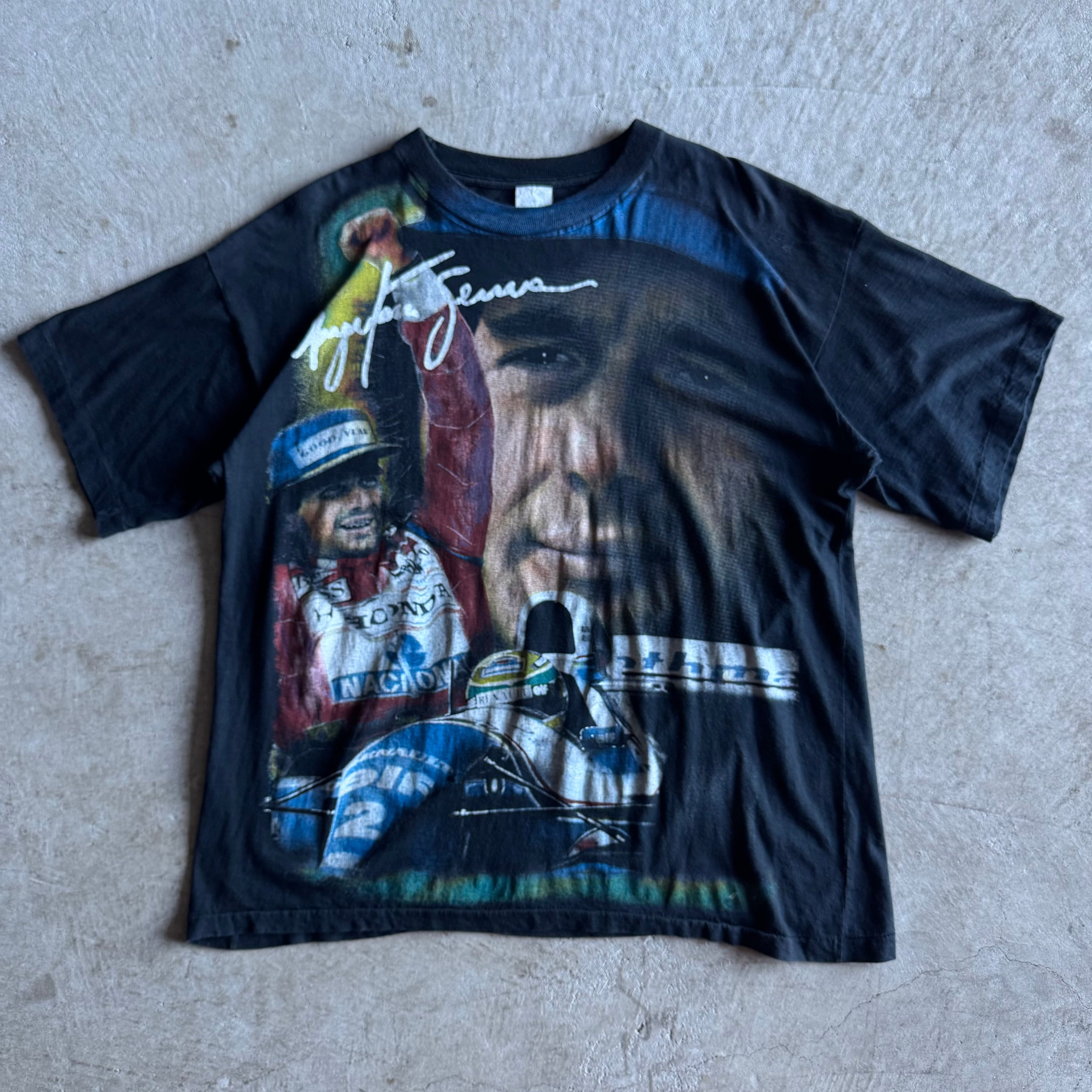 Vintage 90s Ayrton Senna F1 Chassis Tribute Black T Shirt Size XL