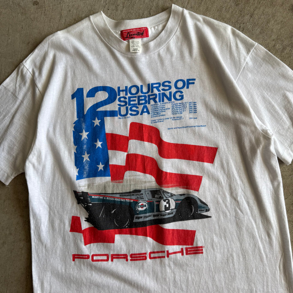 80s Porsche Limited 12 Hours of Sebring White Victory Poster T Shirt (XL)