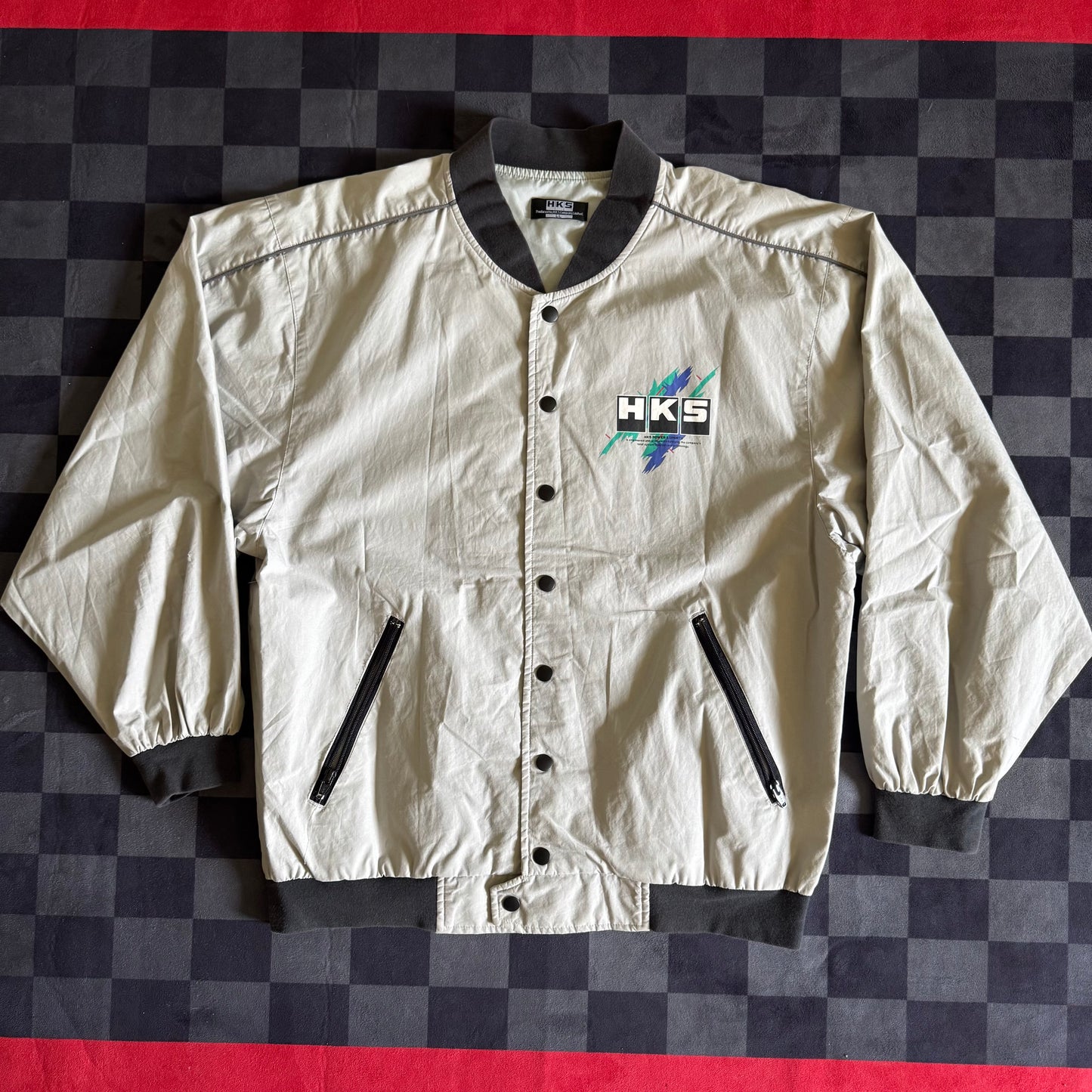 Vintage HKS Power Racing Oil Splatter Grey Bomber Jacket Size Large