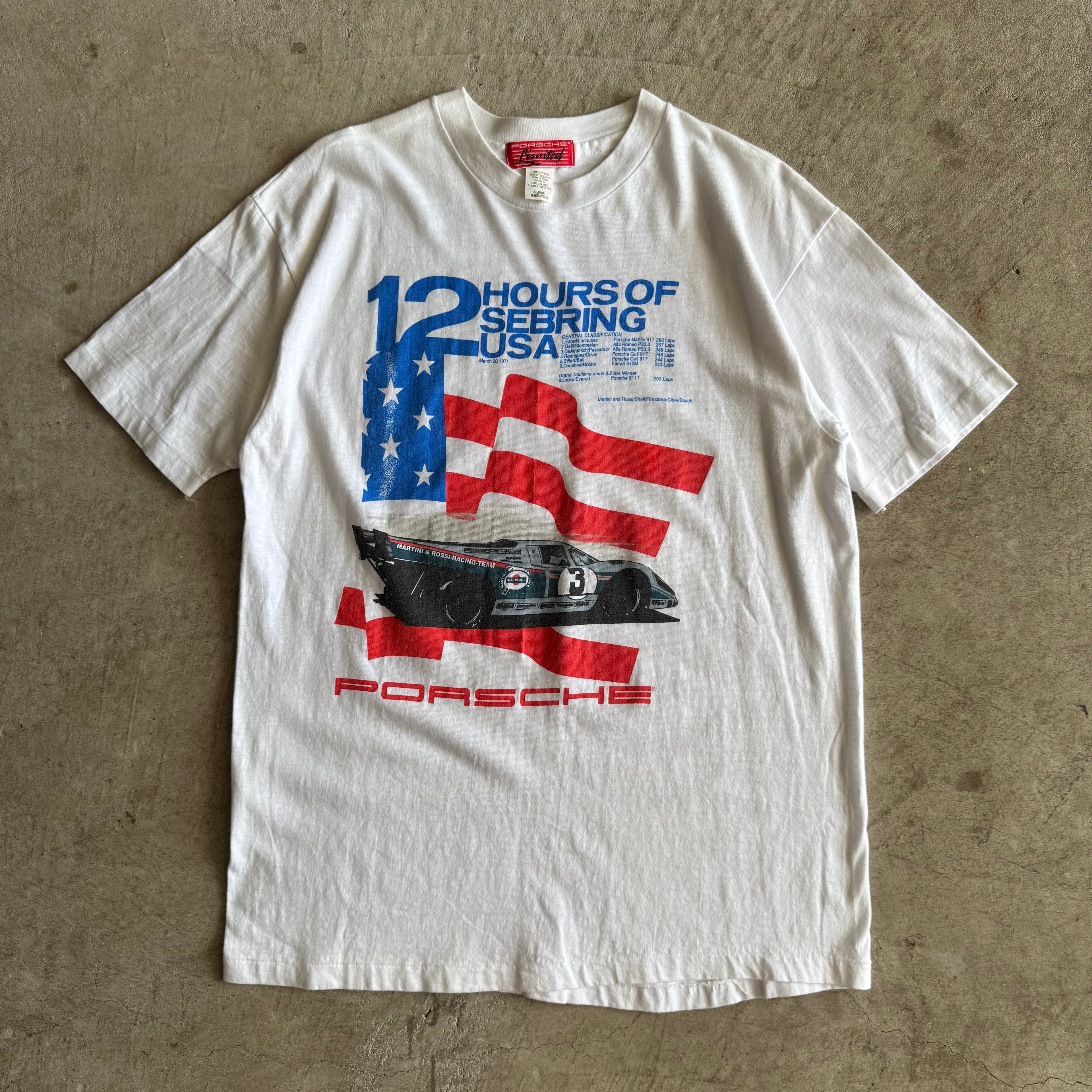 80s Porsche Limited 12 Hours of Sebring White Victory Poster T Shirt (XL)
