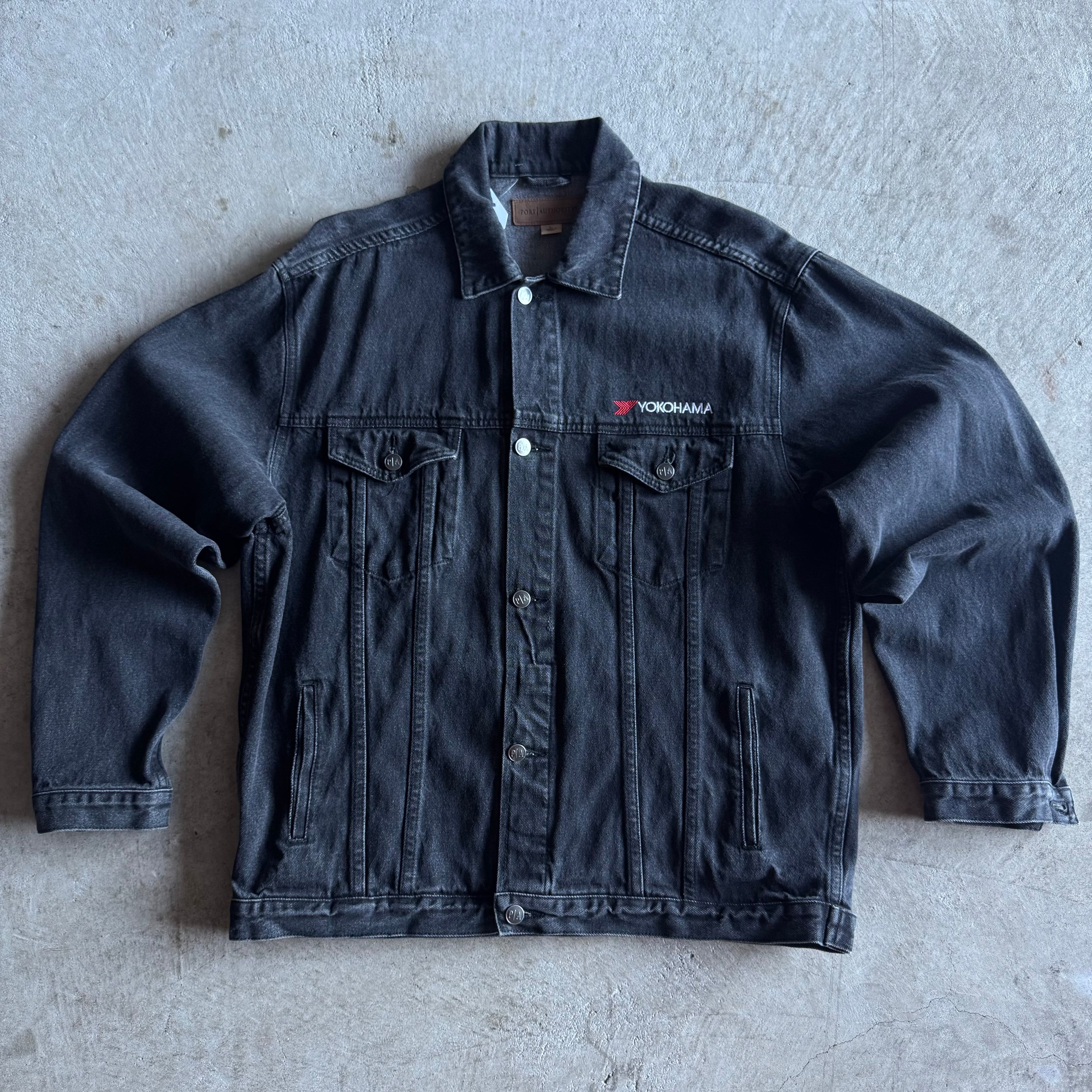 Vintage Yokohama Motorsports Embroidered Black Denim Jean Jacket Size Large