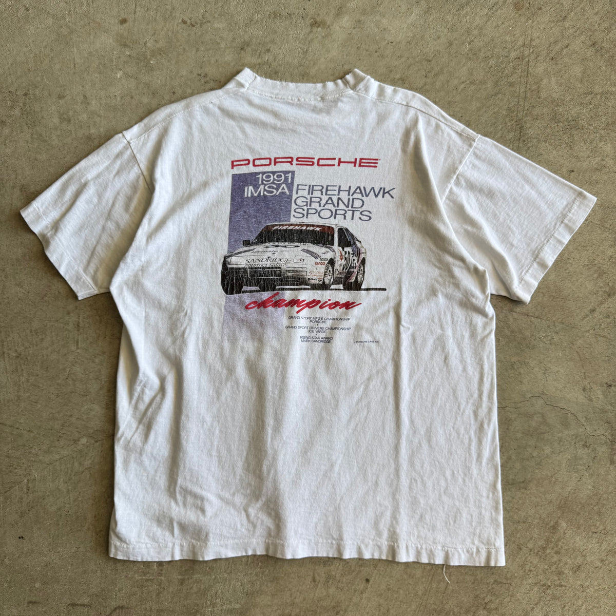 1991 Porsche 944 IMSA Firehawk Champion Distressed White T Shirt (L)