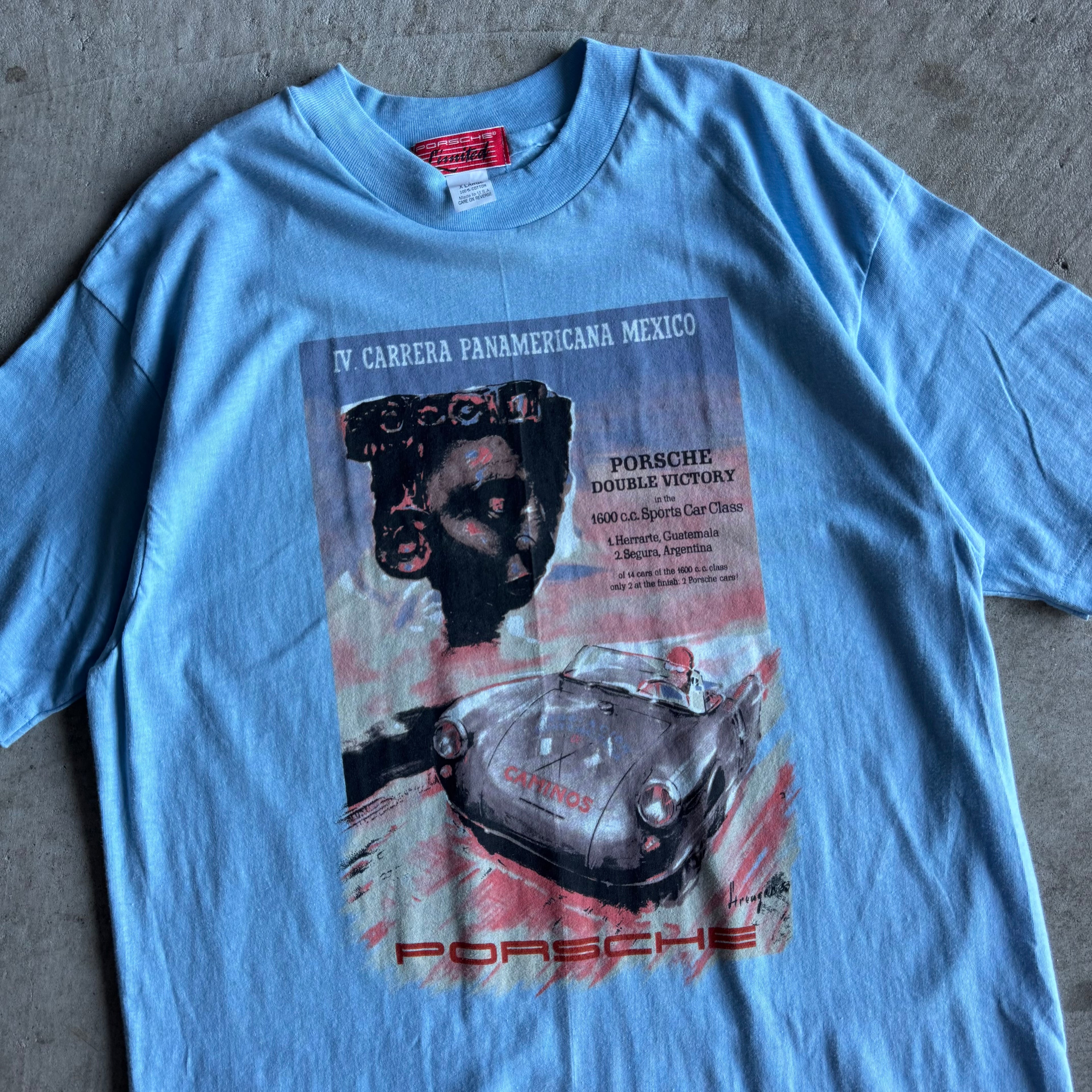 80s Porsche Limited Carrera Panamerica Blue Victory Poster T Shirt (XL)