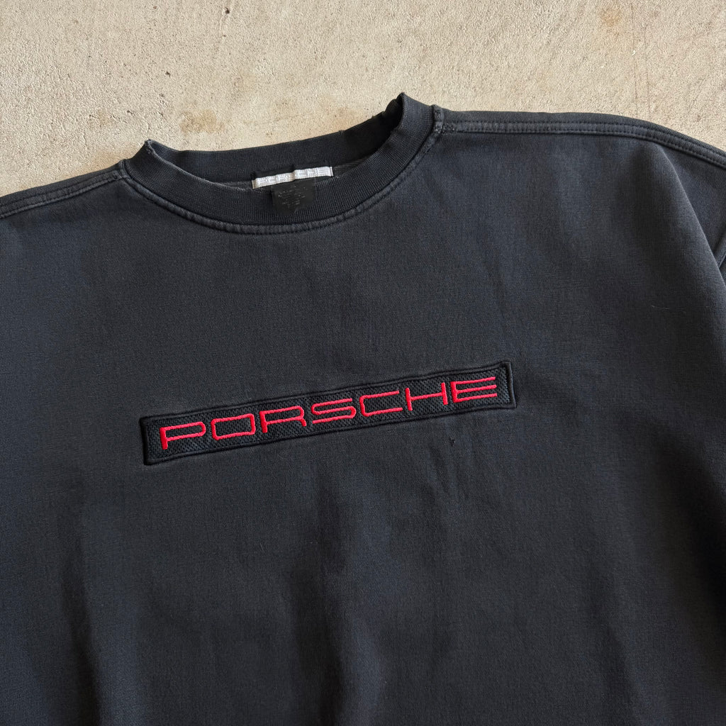 90s Porsche Selection Patch Black Distressed Crewneck Sweater (XL)