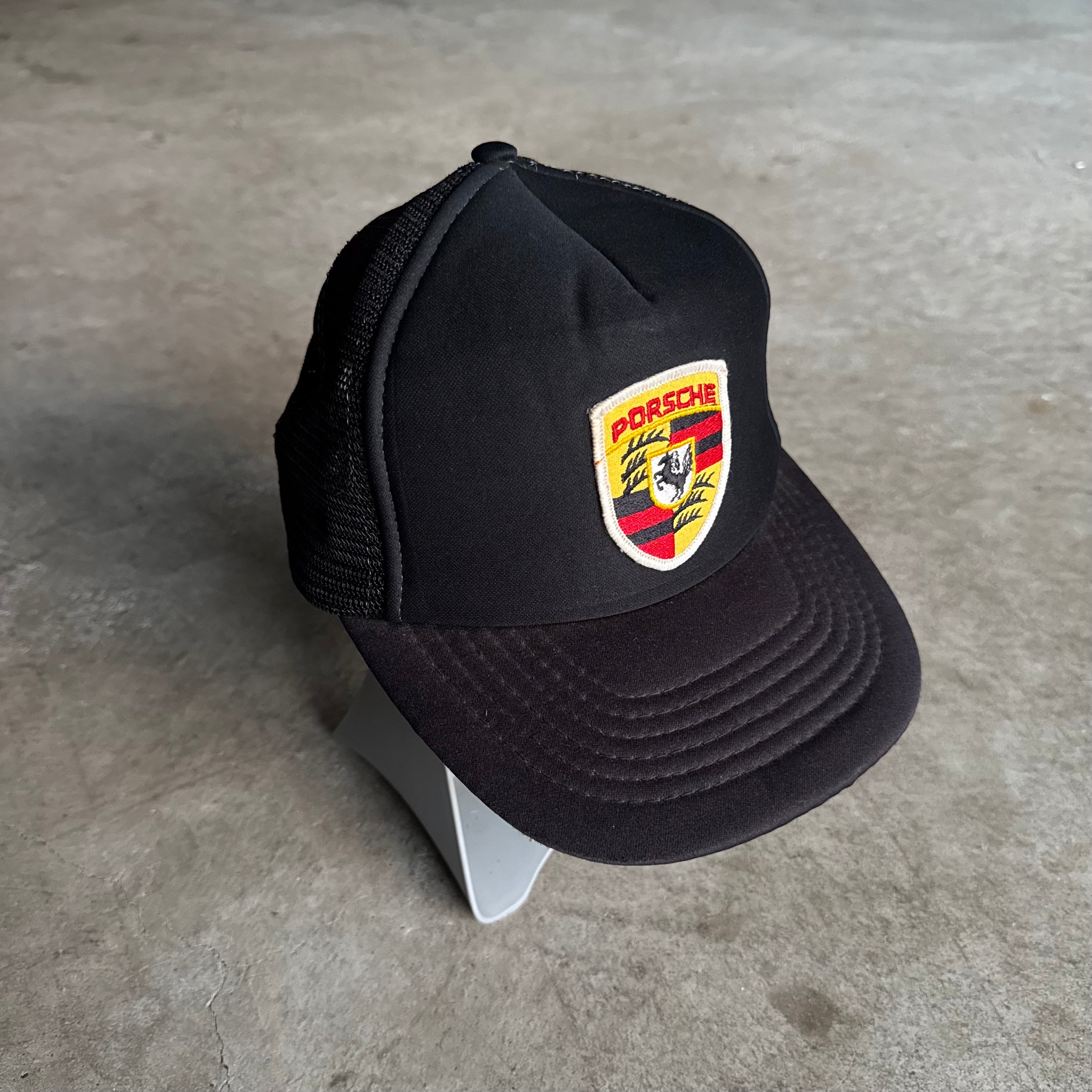 80s Porsche Crest Patch Black Mesh Adjustable Trucker Hat
