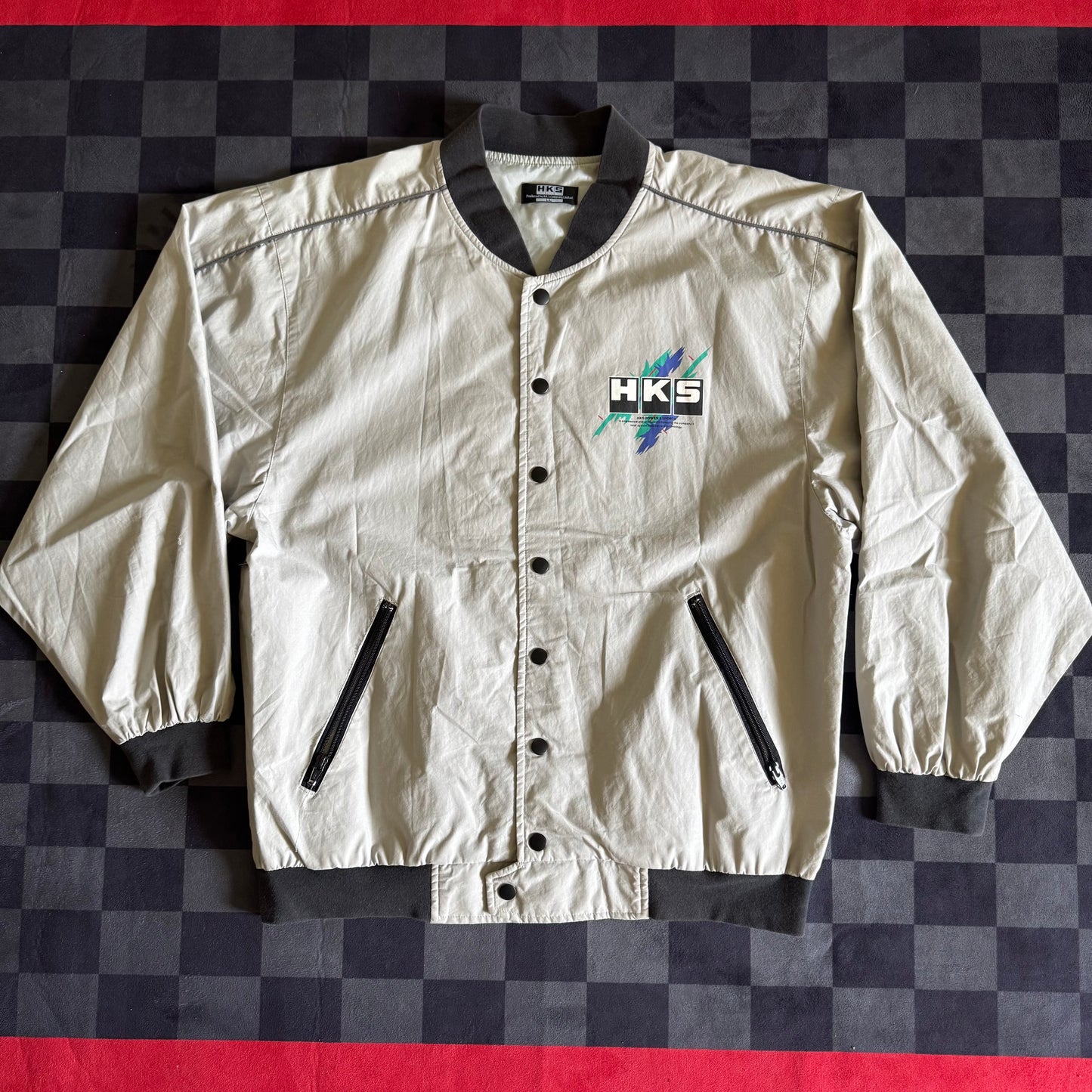 Vintage HKS Power Racing Oil Splatter Grey Bomber Jacket Size Large