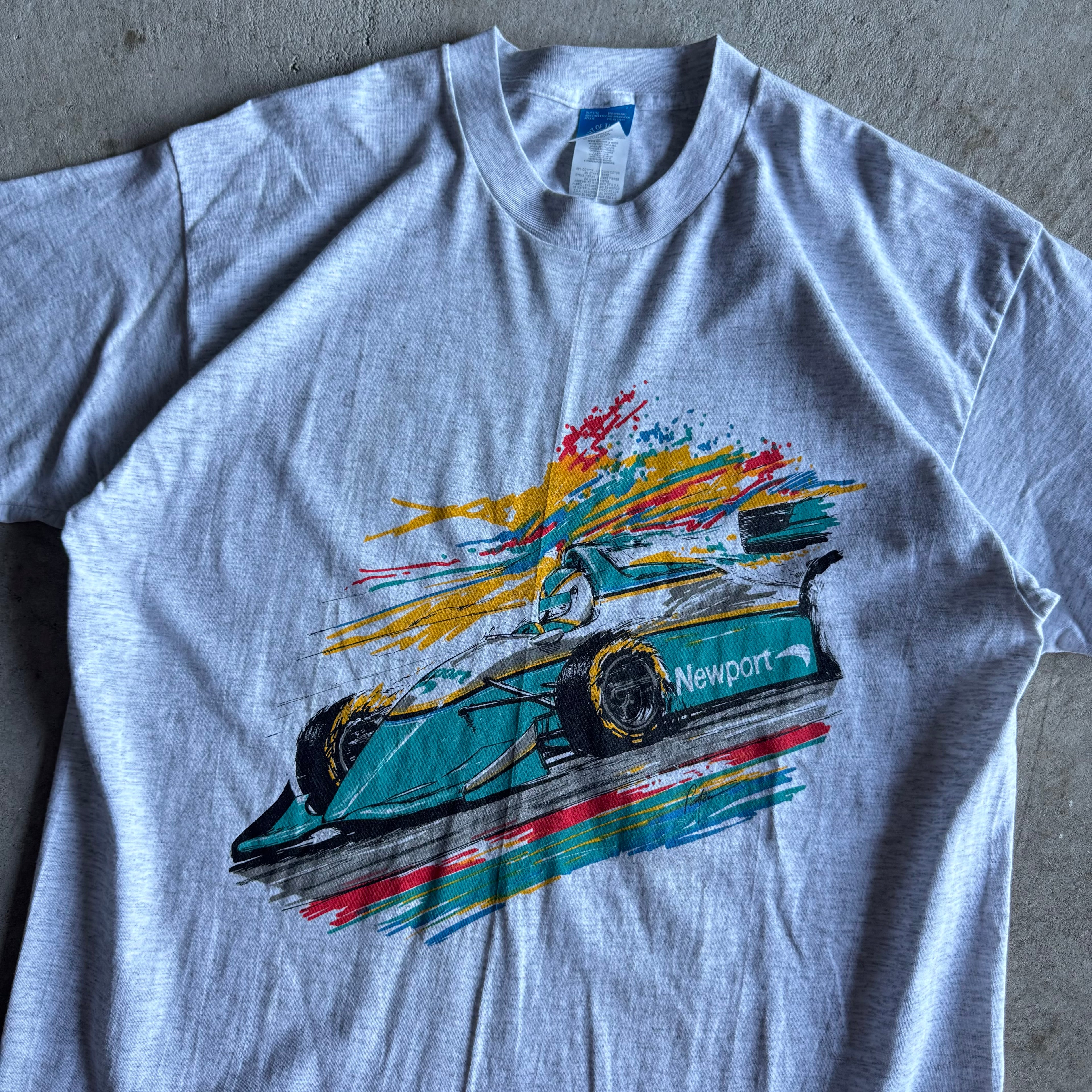 Vintage 80s Newport Racing Indycar Grey T Shirt Size XL