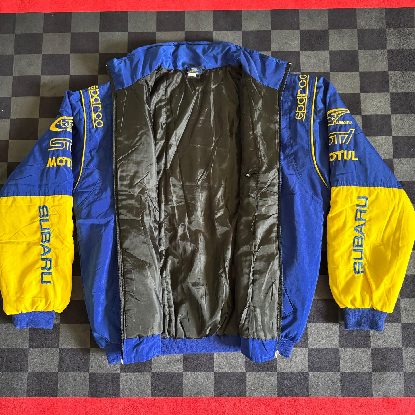 Vintage 90s Bootleg Subaru Rally Racing Blue Jacket Size Large