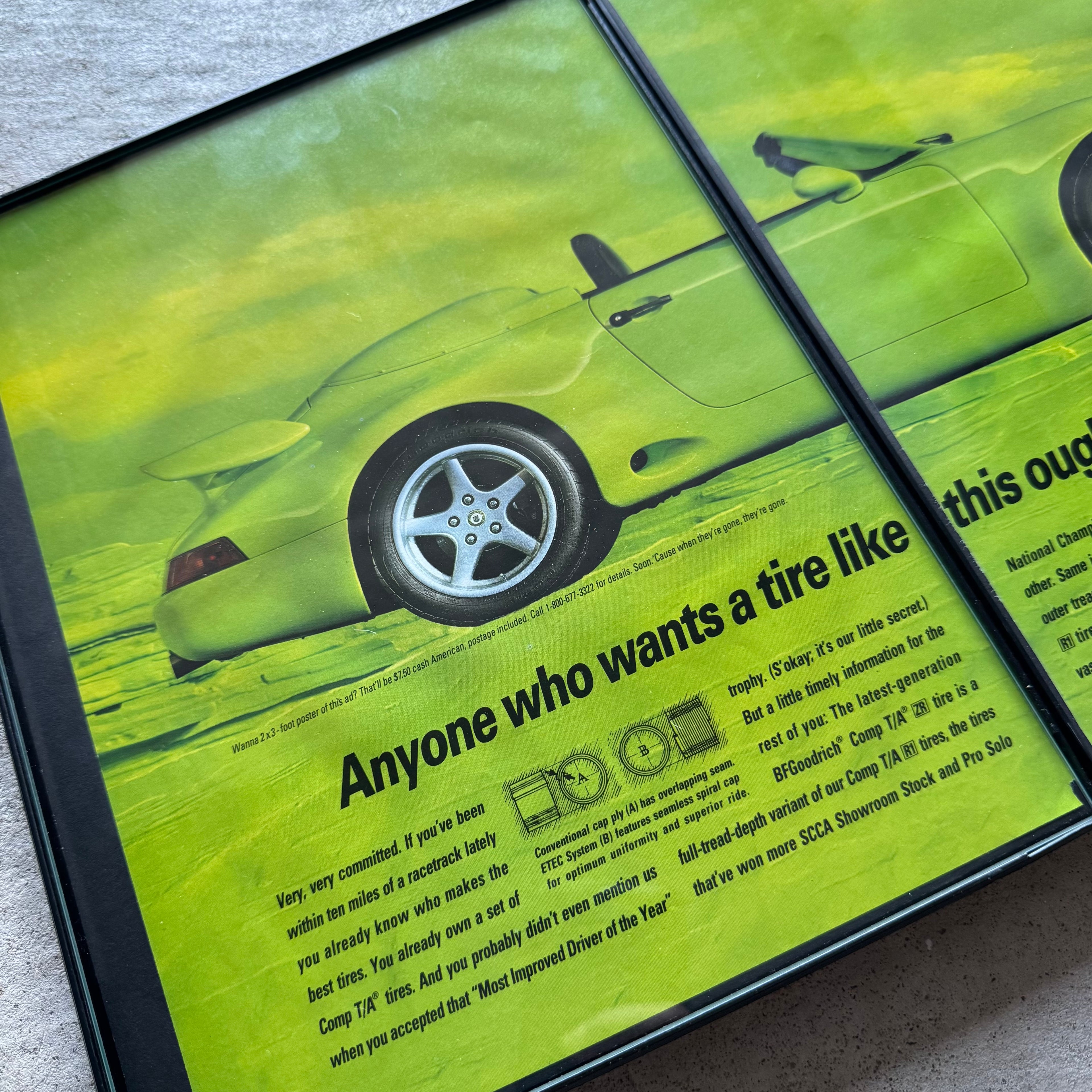 1990 BF Goodrich Porsche Cabriolet Green Framed Advertisement