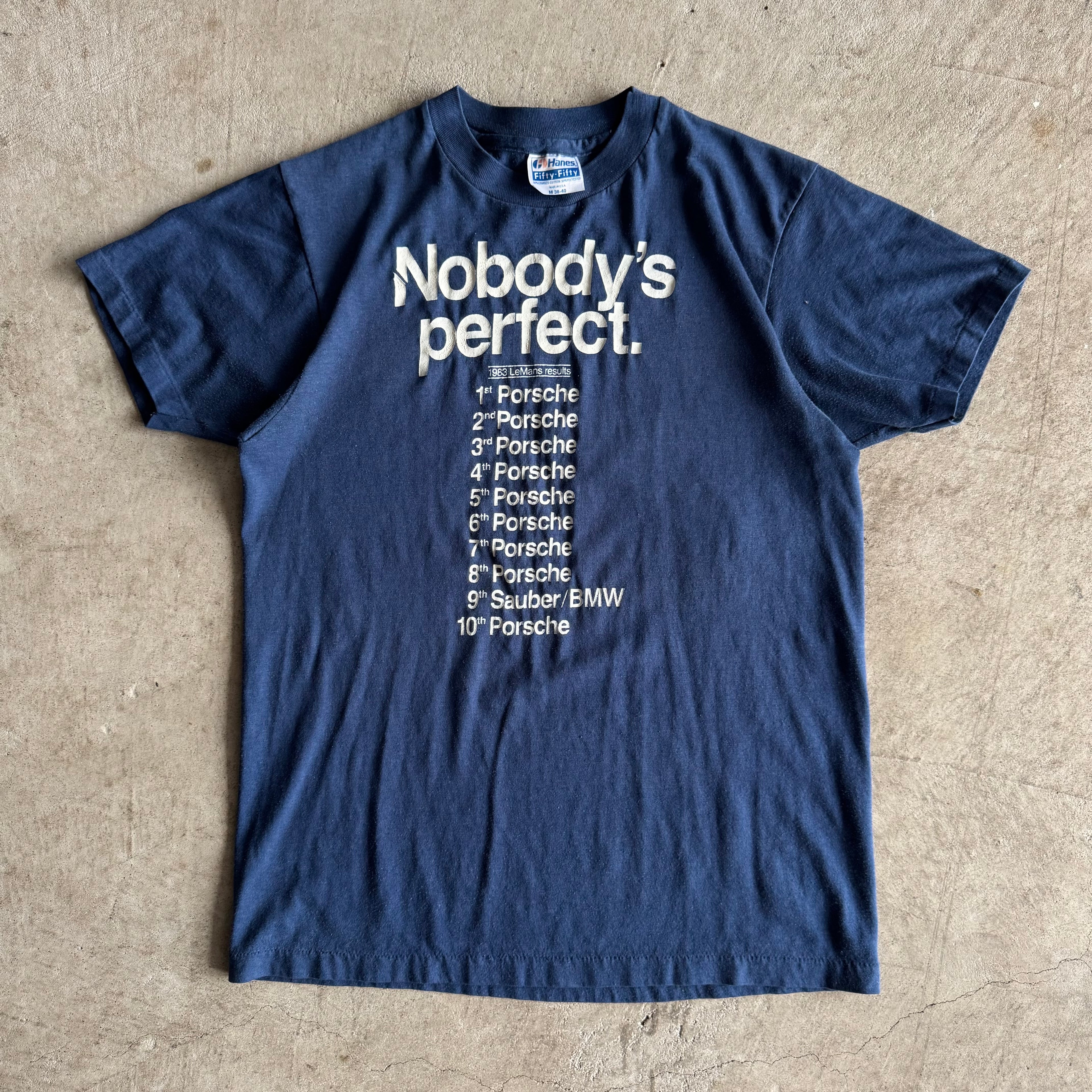 80s Porsche Nobody's Perfect '83 Results Navy T Shirt (M)