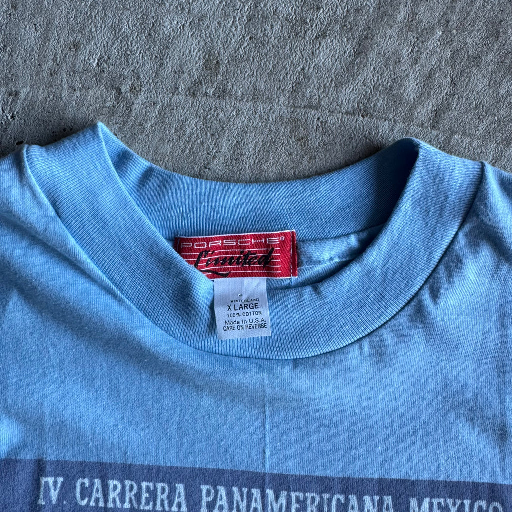 80s Porsche Limited Carrera Panamerica Blue Victory Poster T Shirt (XL)