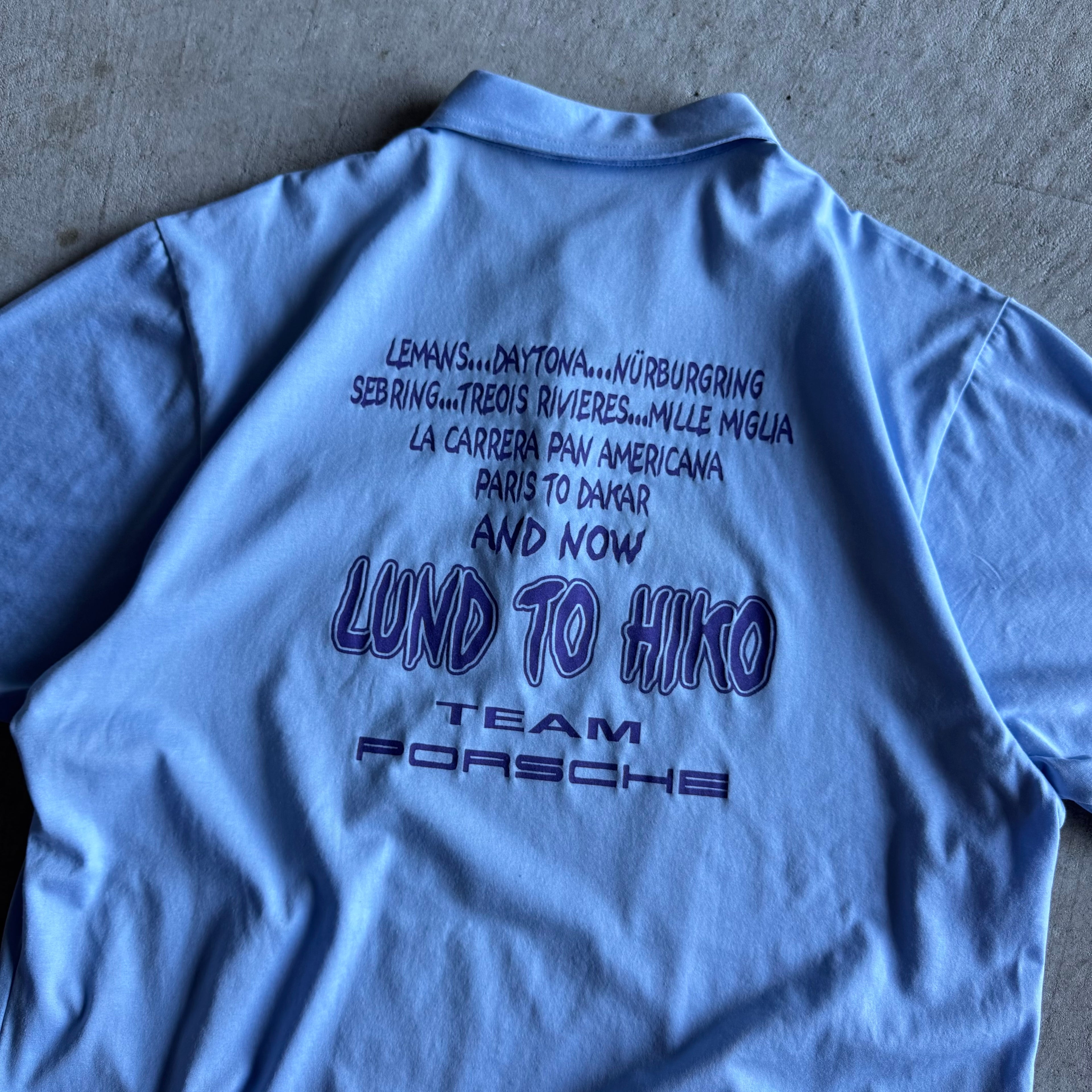 Vintage Team Porsche Lund to Hiko Rally Blue Polo Top Shirt Size XL