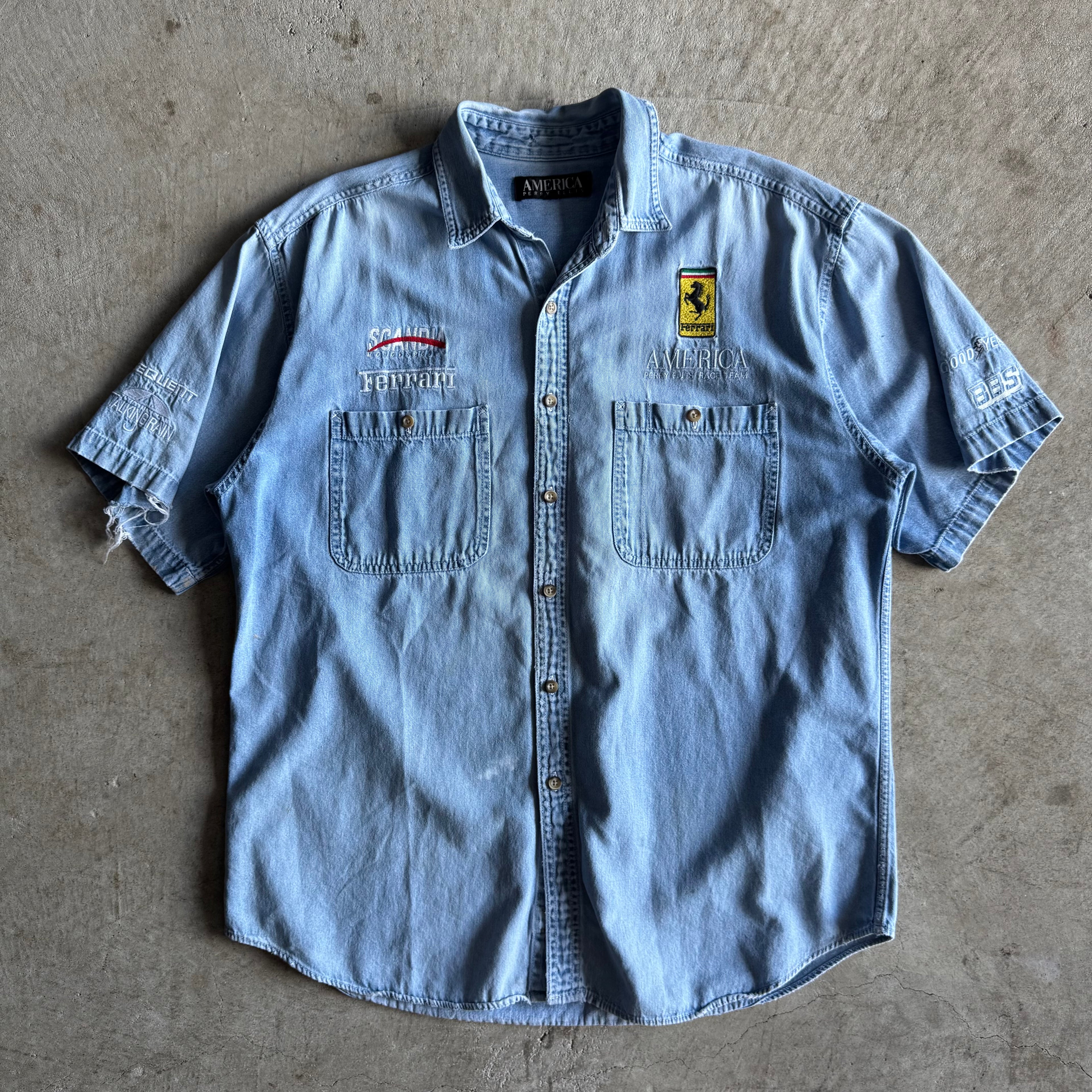 90s Ferrari Racing Perry Ellis America Denim Button Up Shirt (XL)