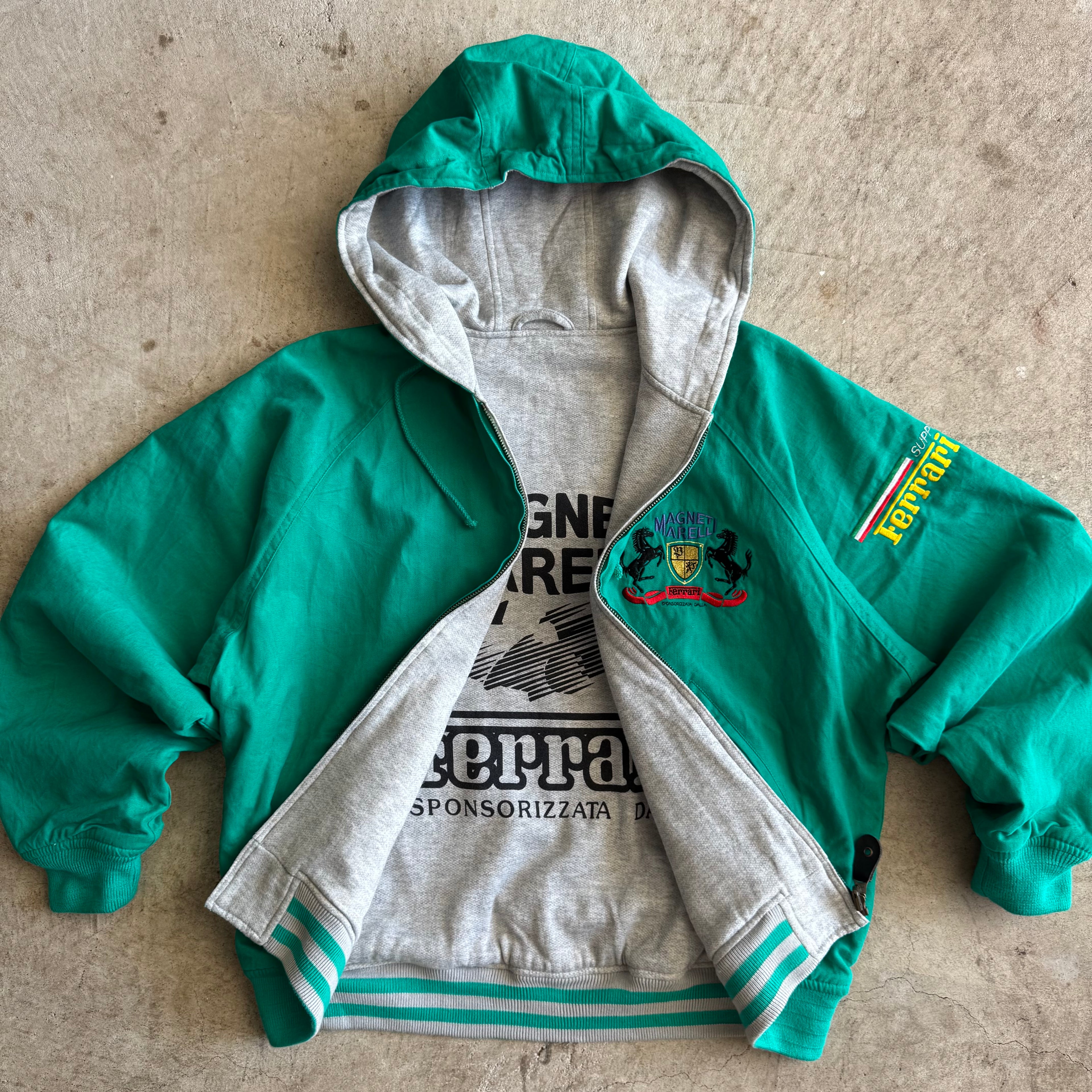 80s Ferarri Magnetti Merelli Reversible Green Grey Hooded Jacket (M)