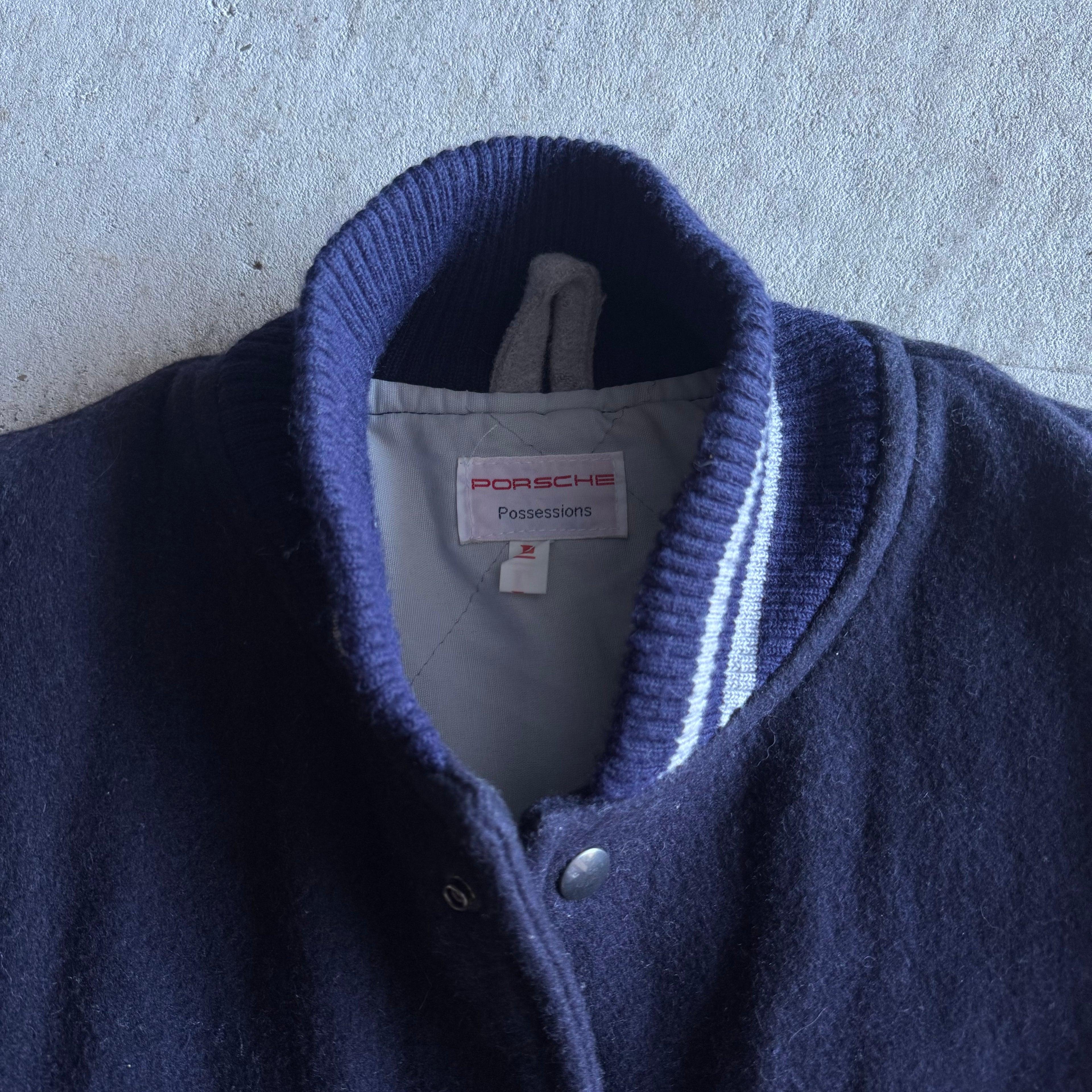 90s Porsche 911 Carrera Navy Wool Varsity Jacket (L)