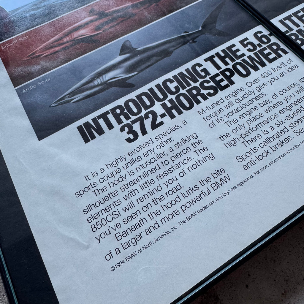 1994 BMW E31 850CSi V12 Shark Color Options Framed Advertisement