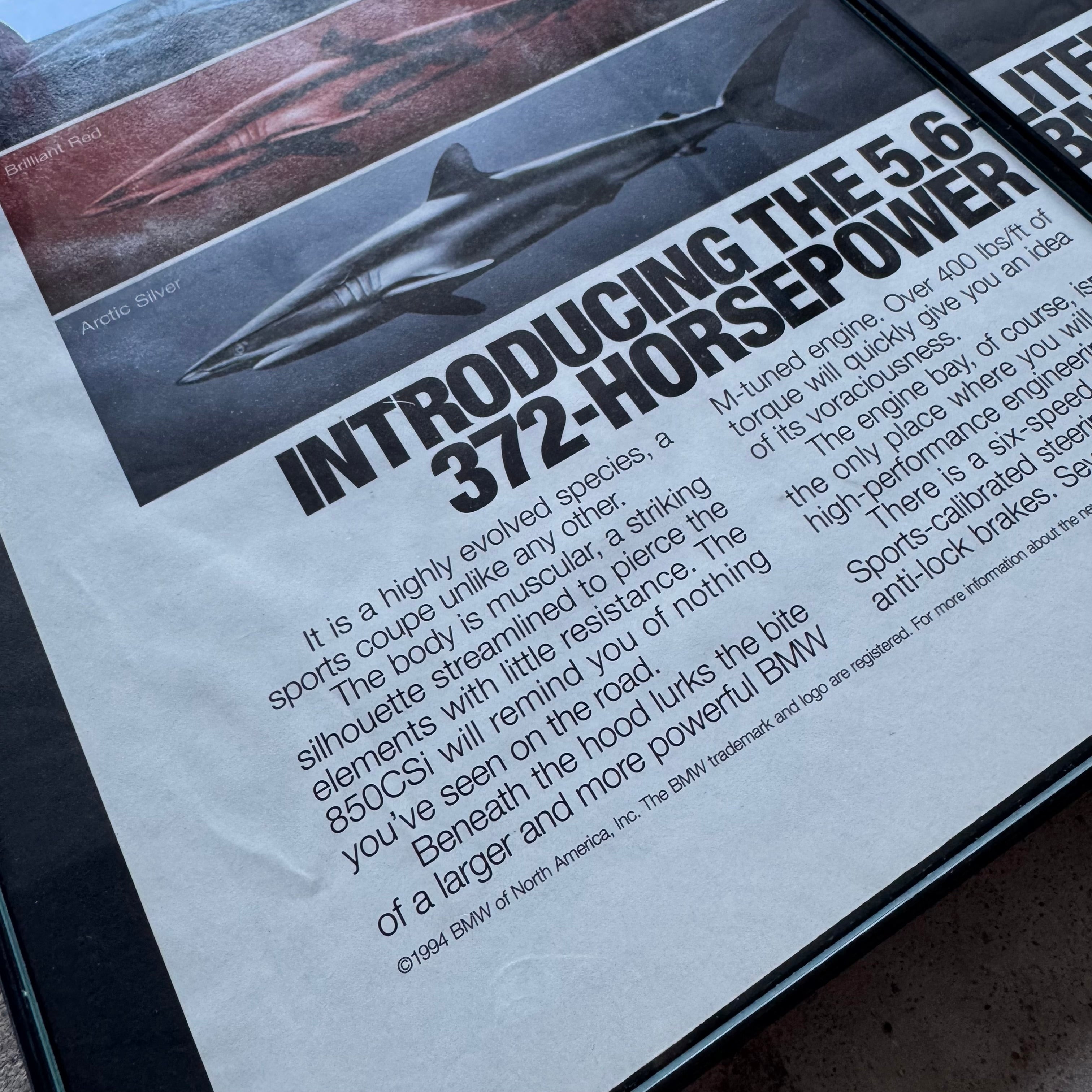 1994 BMW E31 850CSi V12 Shark Color Options Framed Advertisement