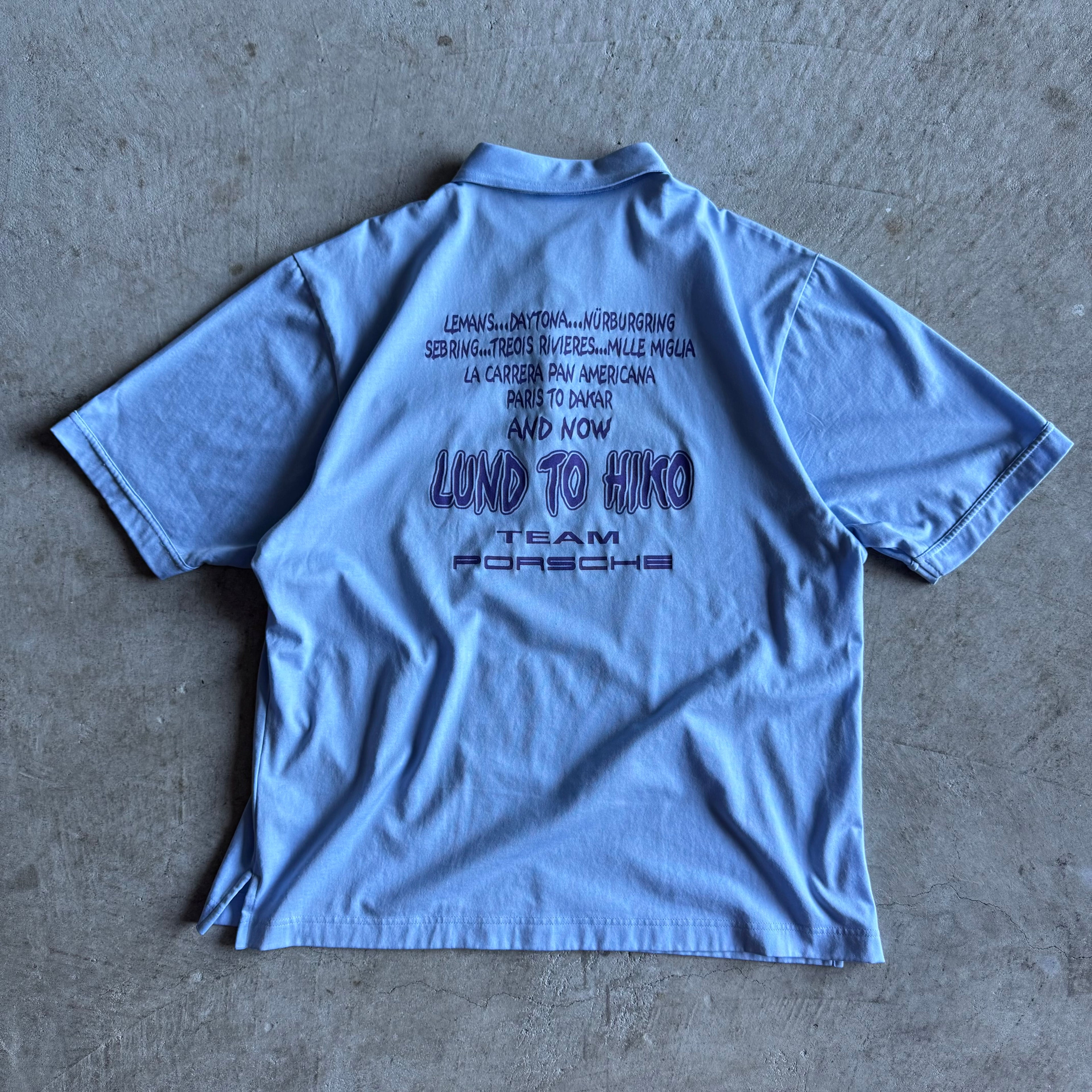 Vintage Team Porsche Lund to Hiko Rally Blue Polo Top Shirt Size XL