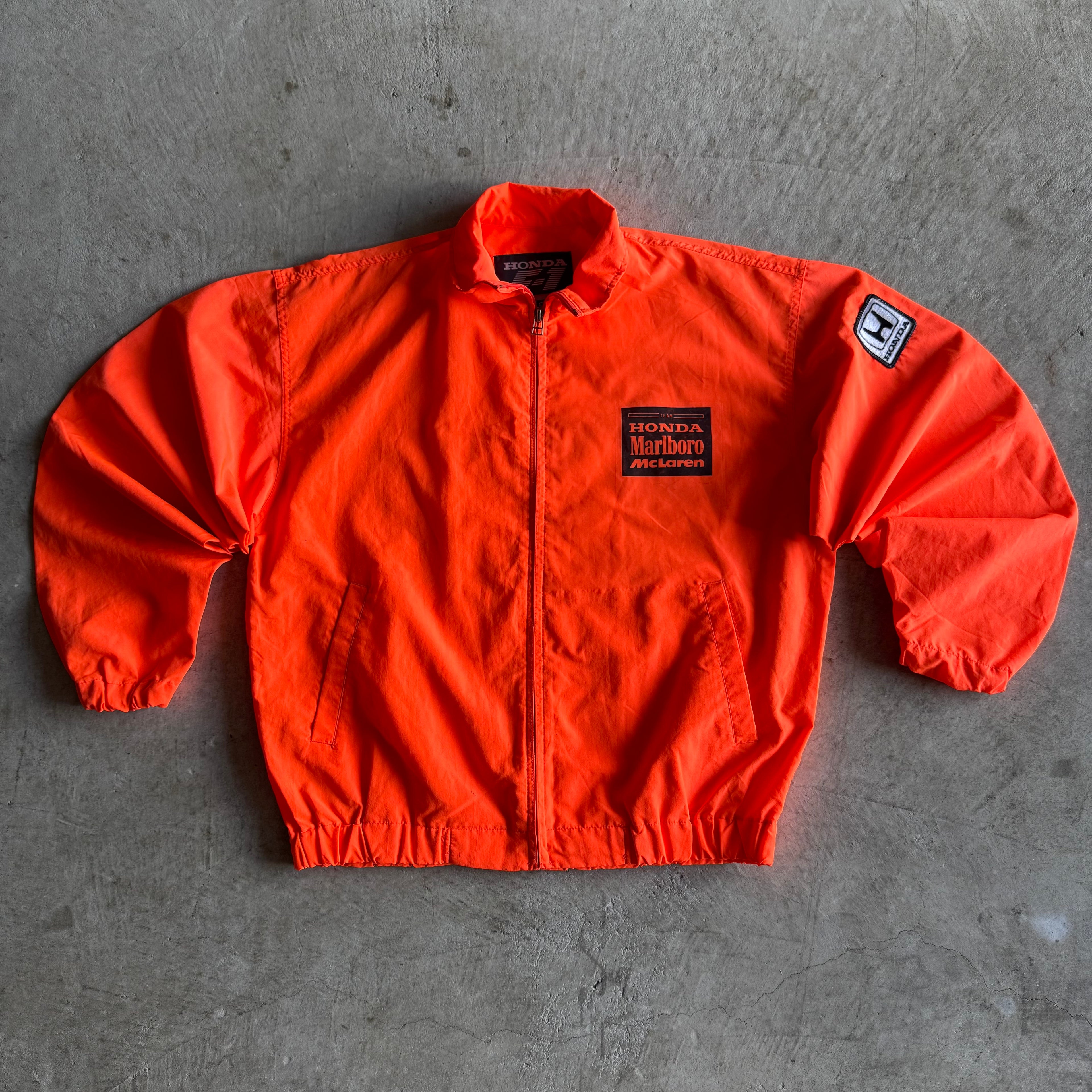 Vintage 90s Honda McLaren F1 Aryton Senna Berger Orange Jacket Size Large