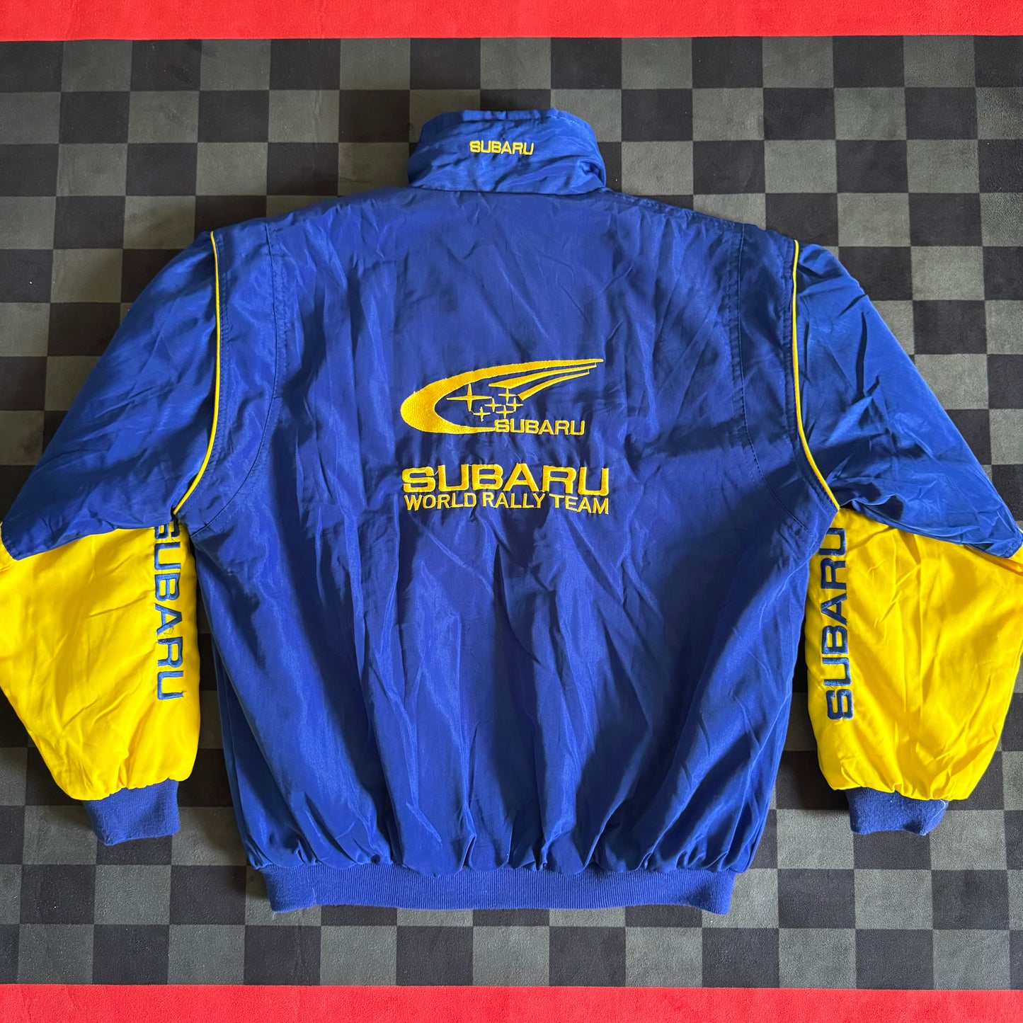 Vintage 90s Bootleg Subaru Rally Racing Blue Jacket Size Large