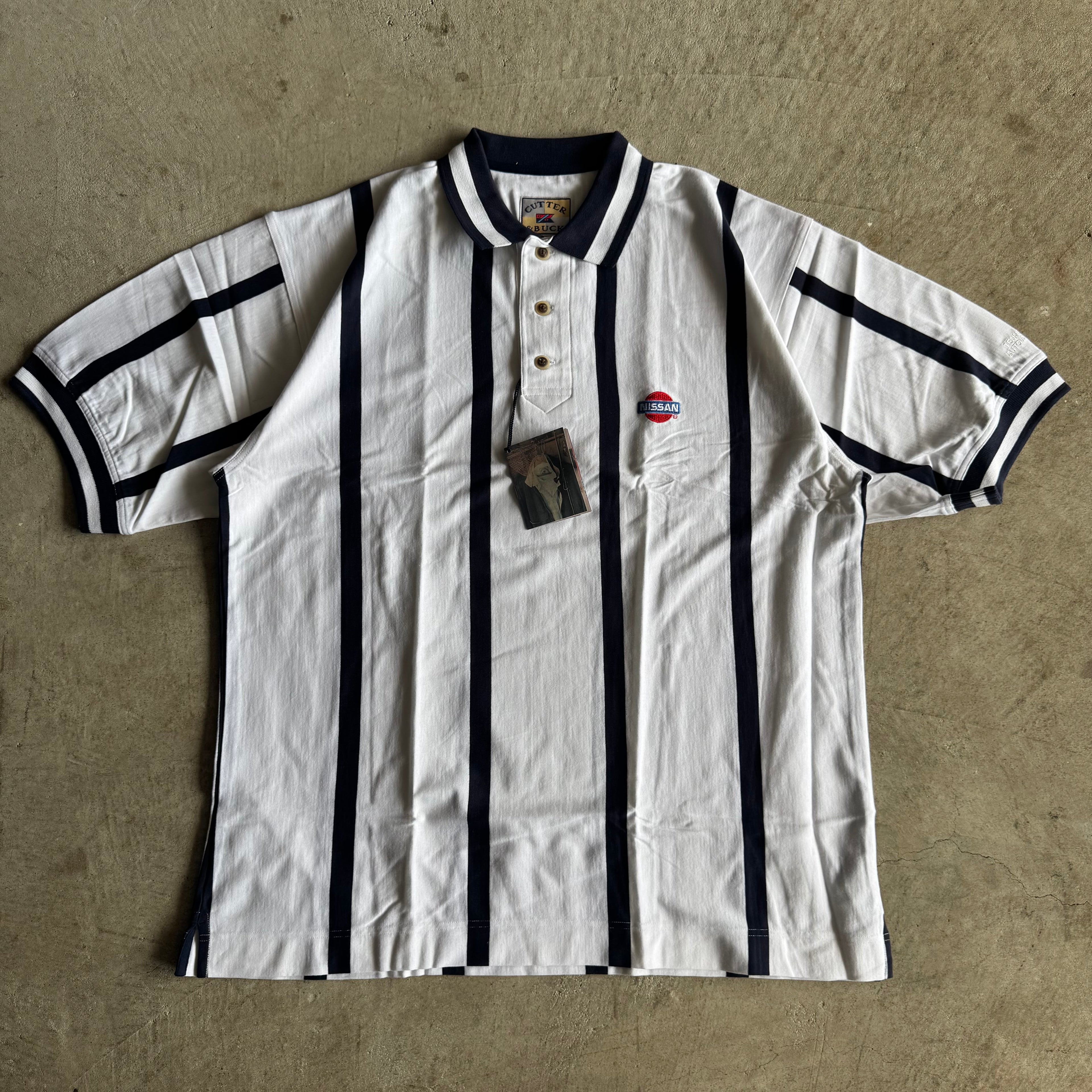 90s Nissan Cutter & Buck Oversized Striped White Polo Shirt (L)