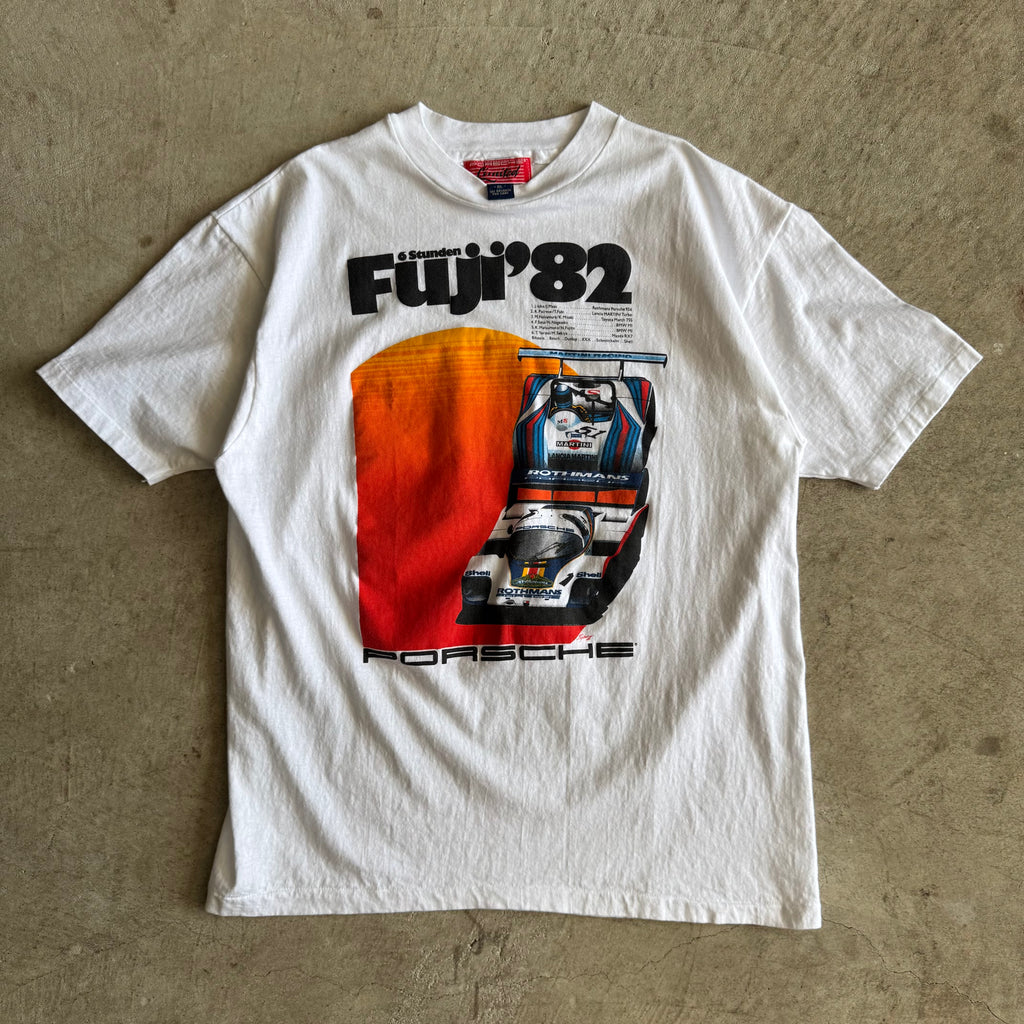 80s Porsche Limited 6 Hours of Fuji 1982 White Victory Poster T Shirt (L)