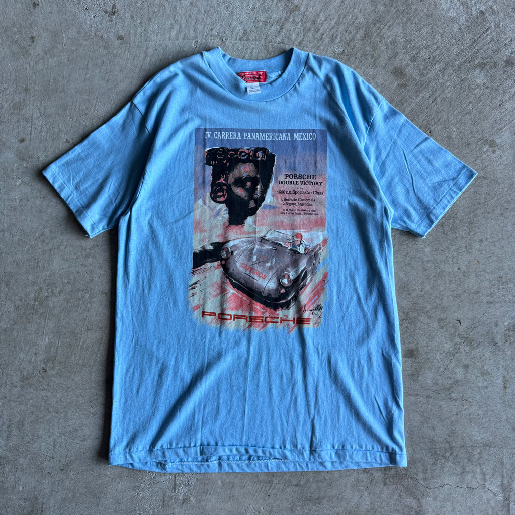 80s Porsche Limited Carrera Panamerica Blue Victory Poster T Shirt (XL)