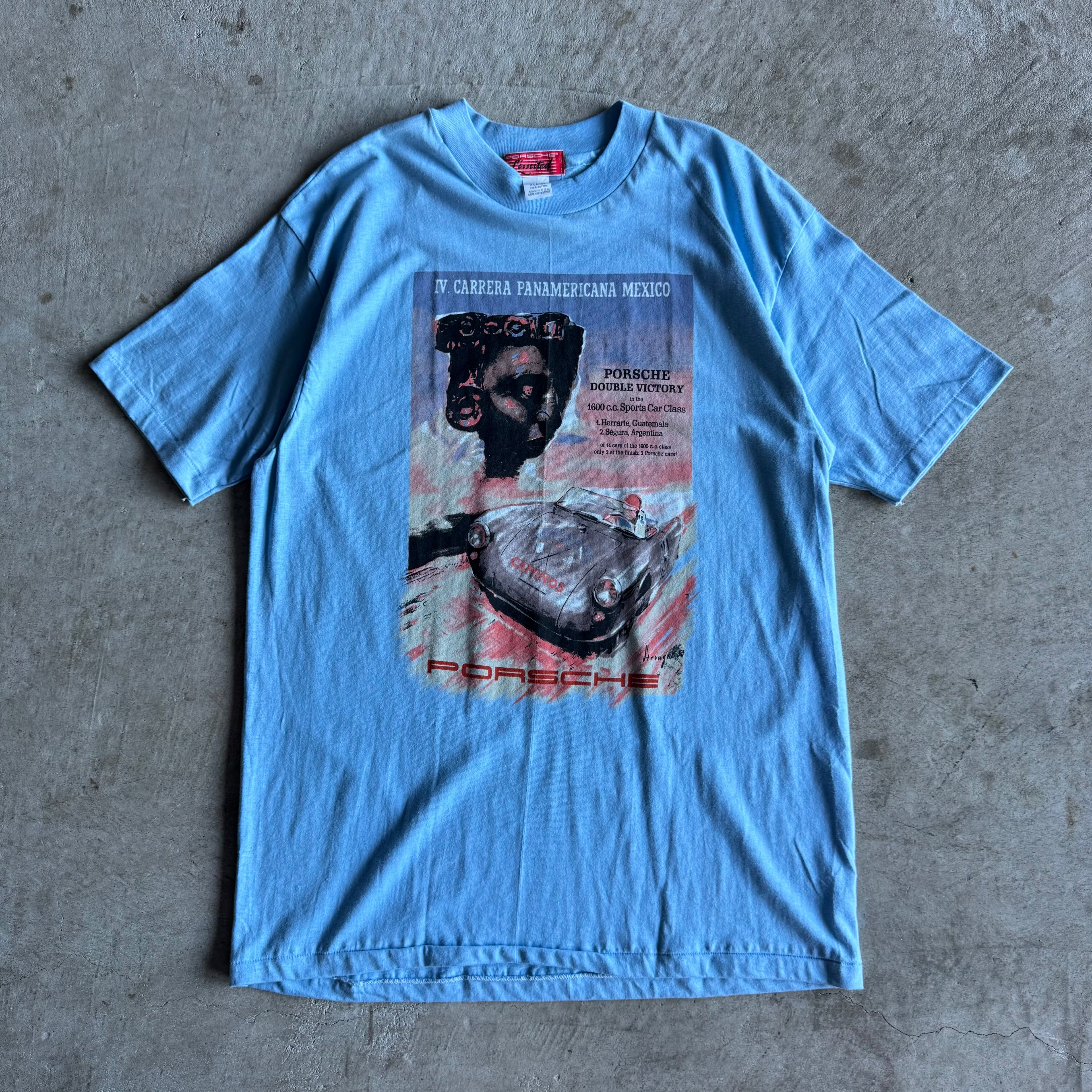 80s Porsche Limited Carrera Panamerica Blue Victory Poster T Shirt (XL)