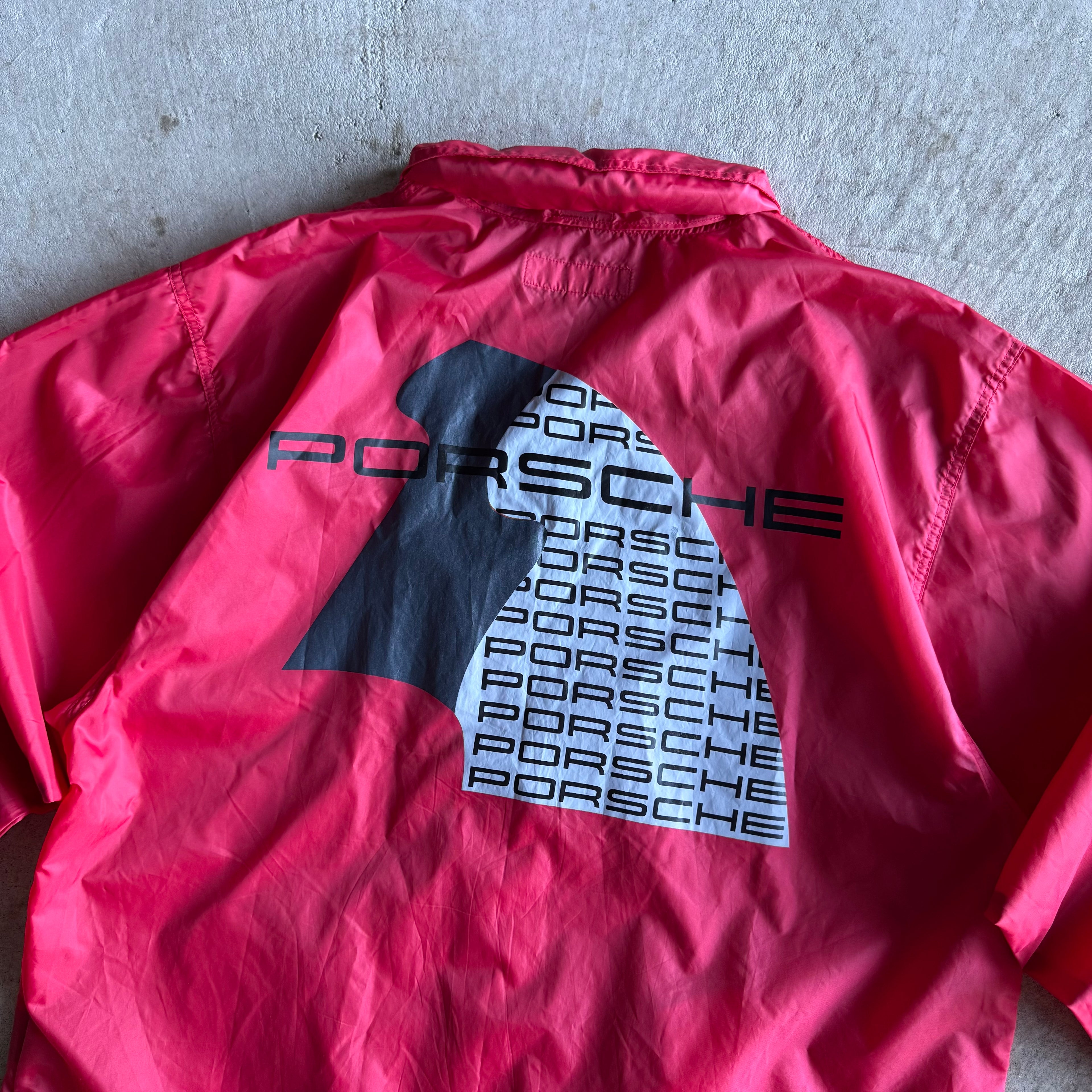 80s Porsche 944 Turbo Script Red Overcoat Rain Jacket (L)