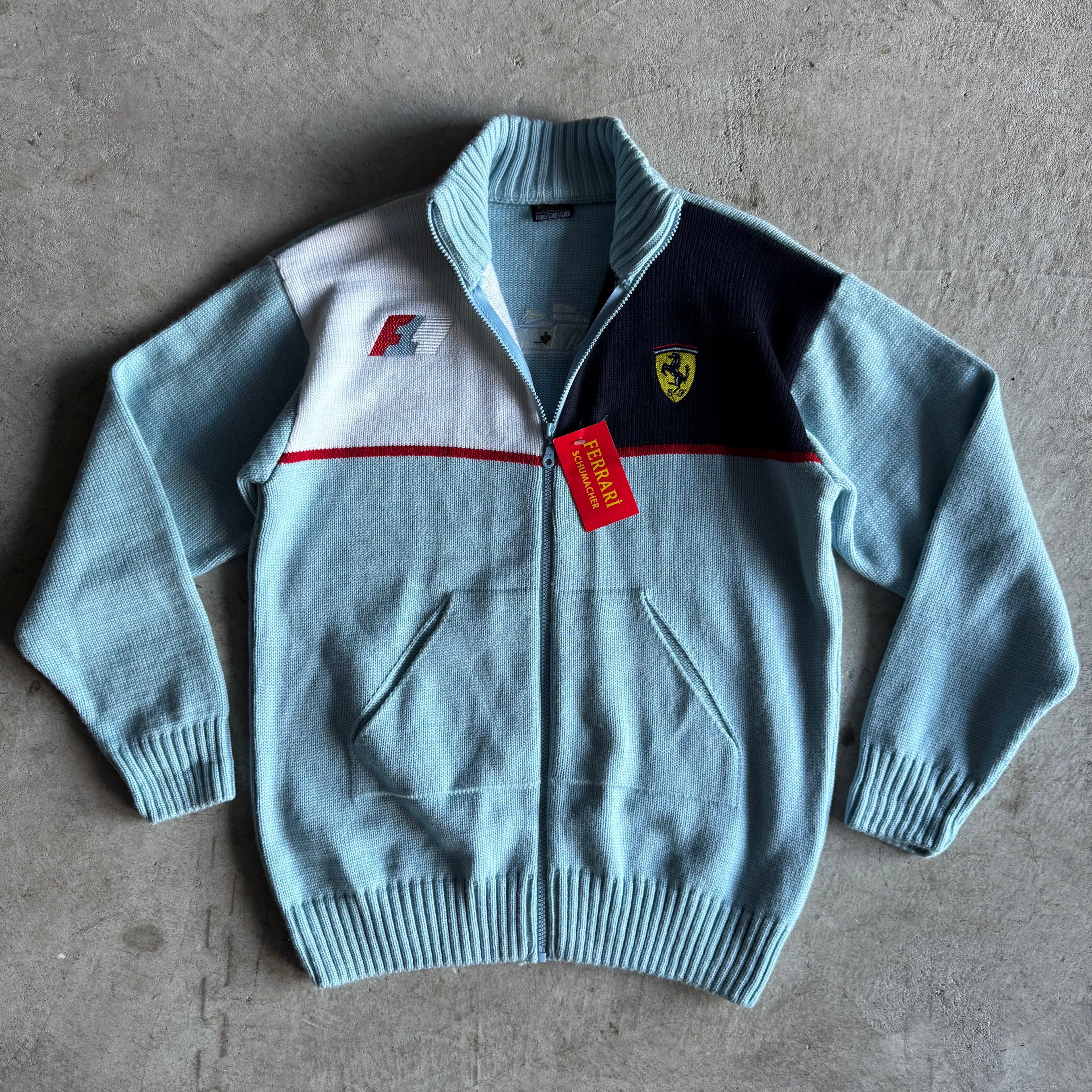 90s Ferrari Michael Schumacher Blue Knit Jacket (L)