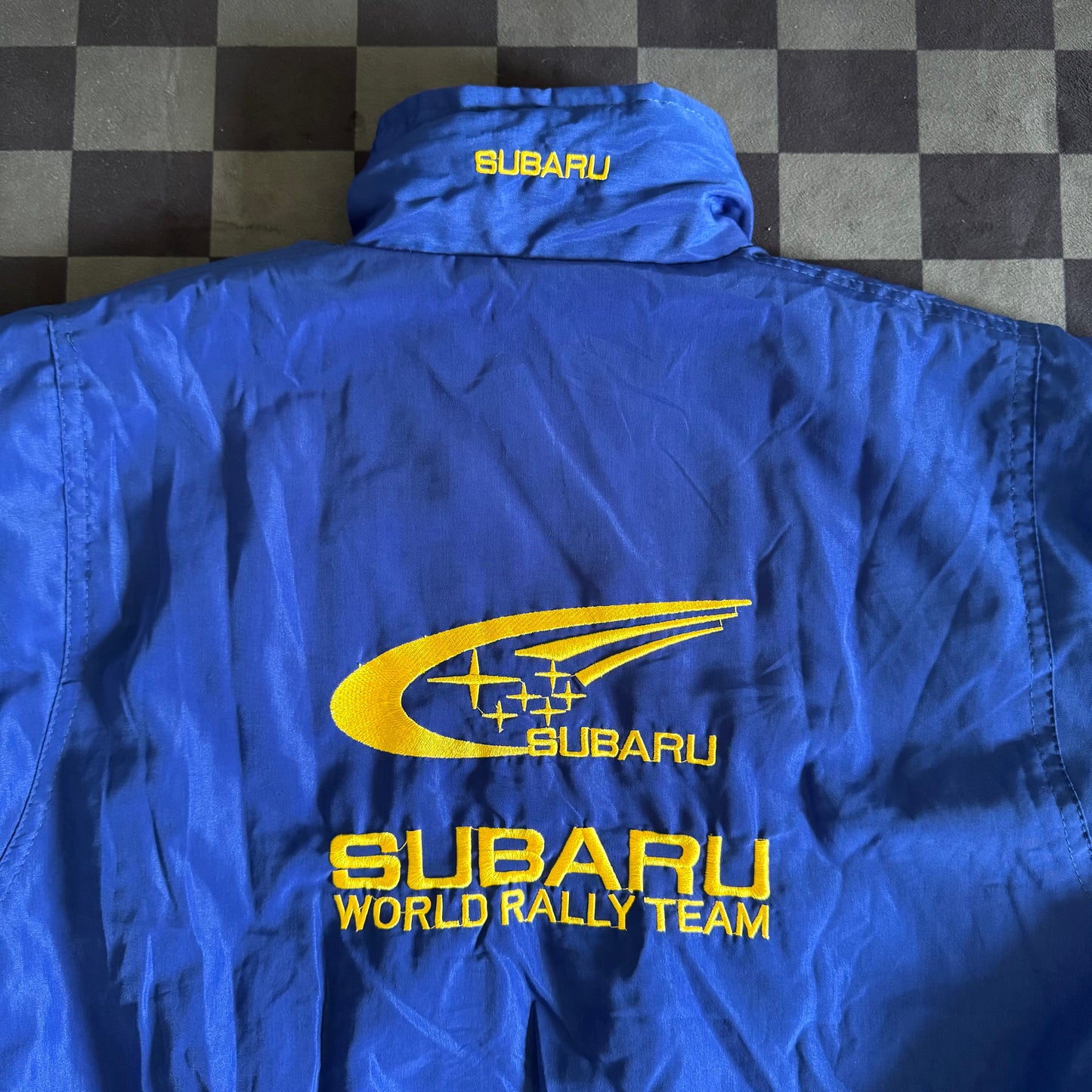 Vintage 90s Bootleg Subaru Rally Racing Blue Jacket Size Large