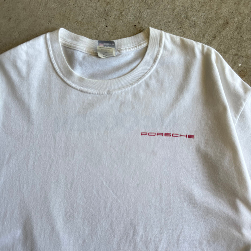 90s Porsche Steve McQueen Drives for Porsche White T Shirt (XL)
