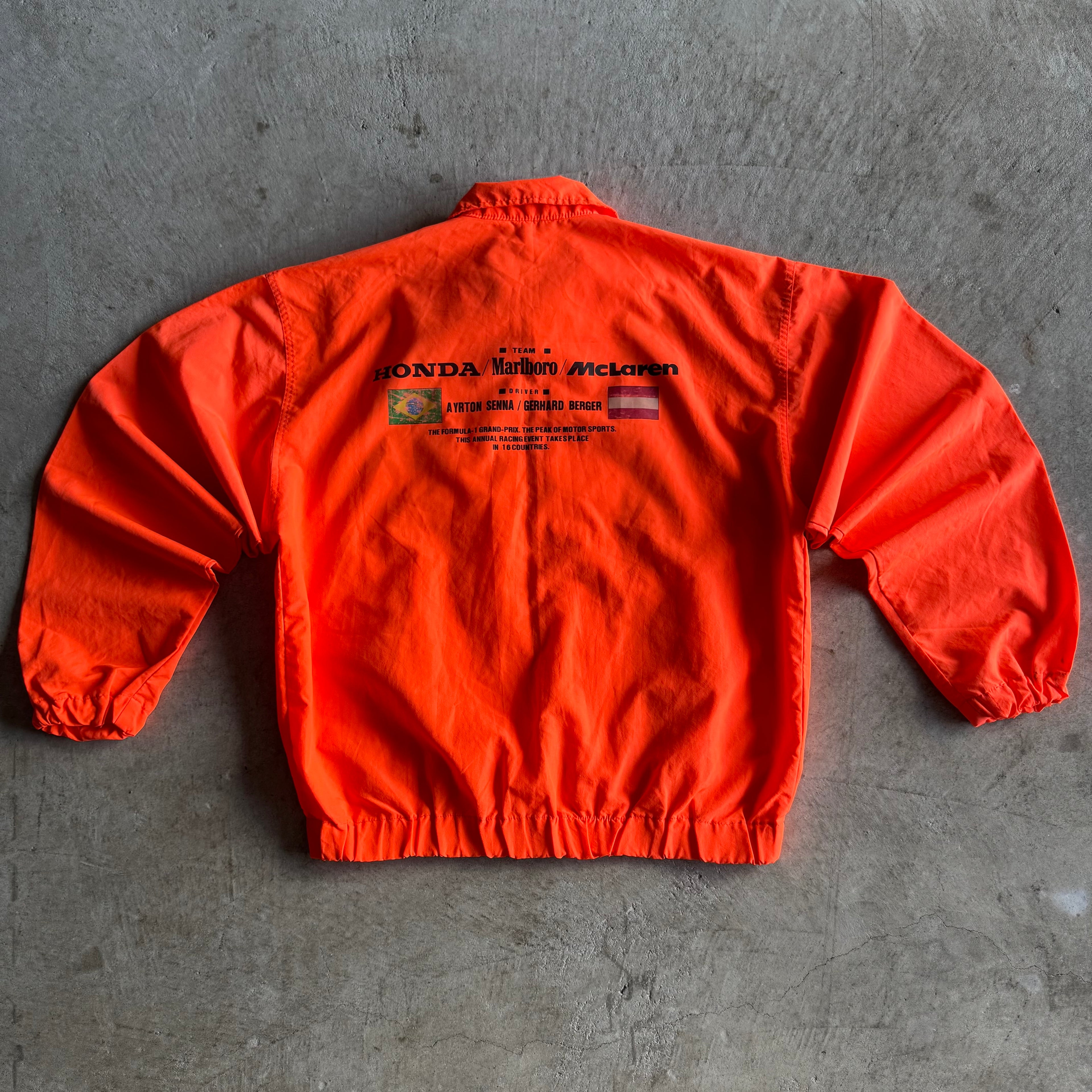 Vintage 90s Honda McLaren F1 Aryton Senna Berger Orange Jacket Size Large