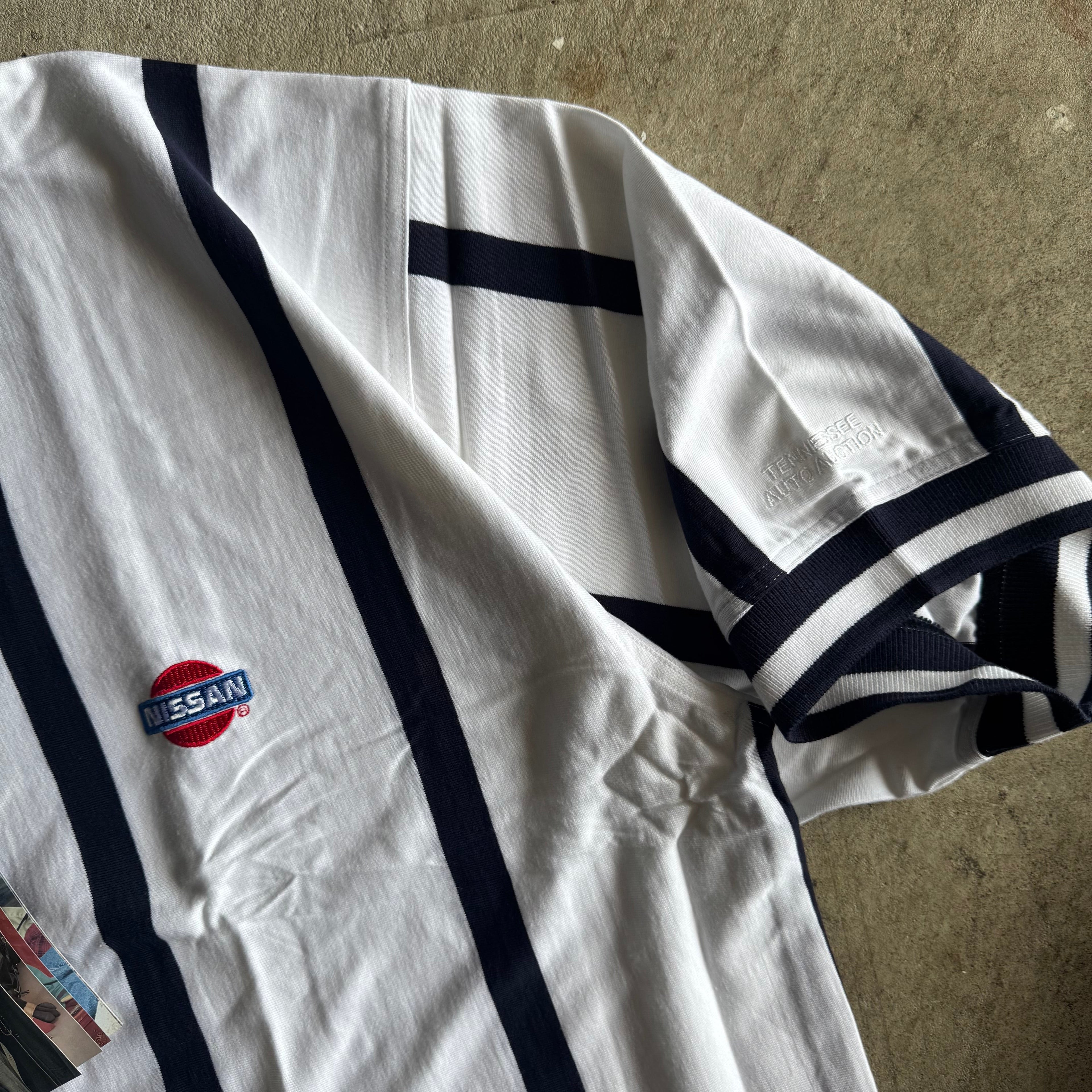 90s Nissan Cutter & Buck Oversized Striped White Polo Shirt (L)