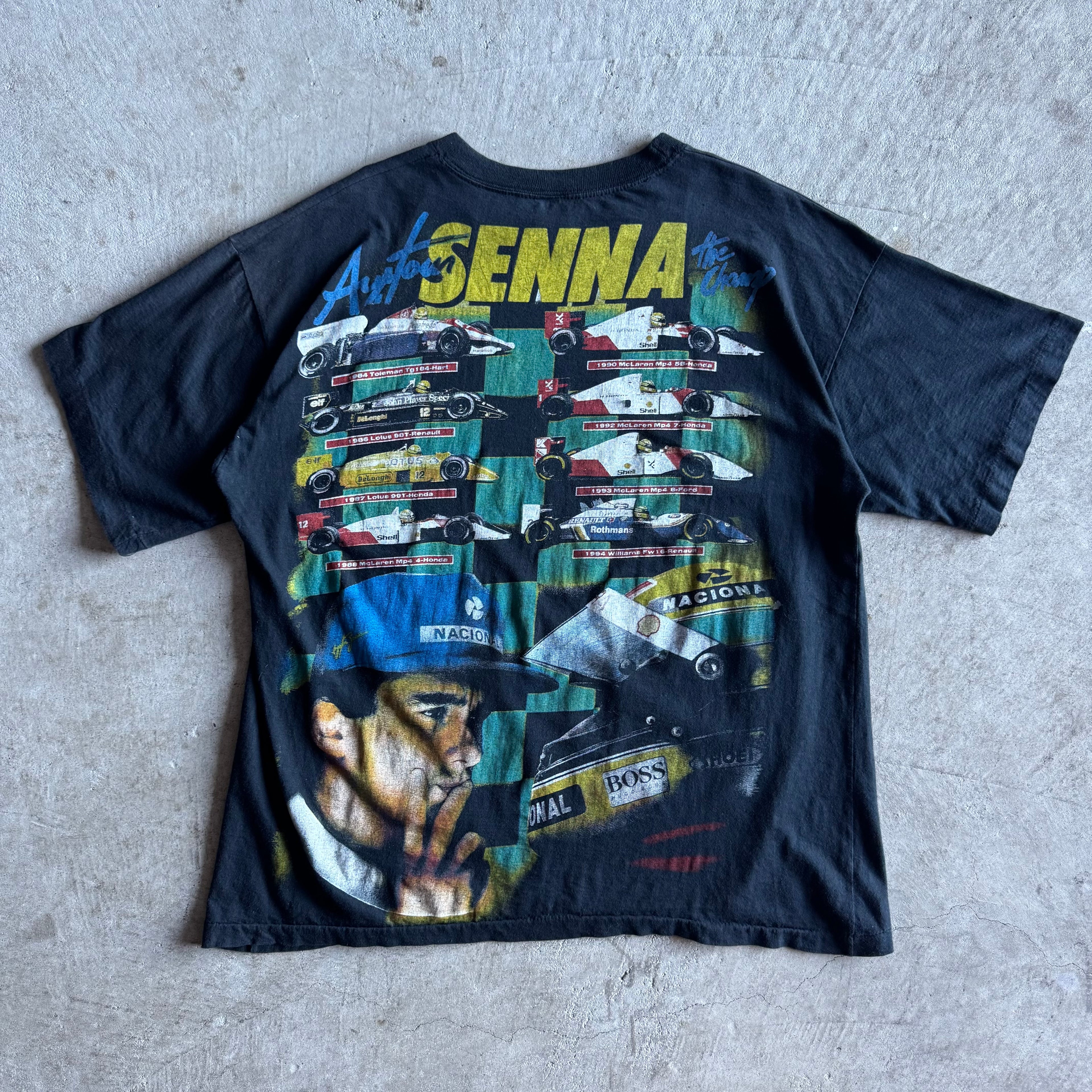 Vintage 90s Ayrton Senna F1 Chassis Tribute Black T Shirt Size XL