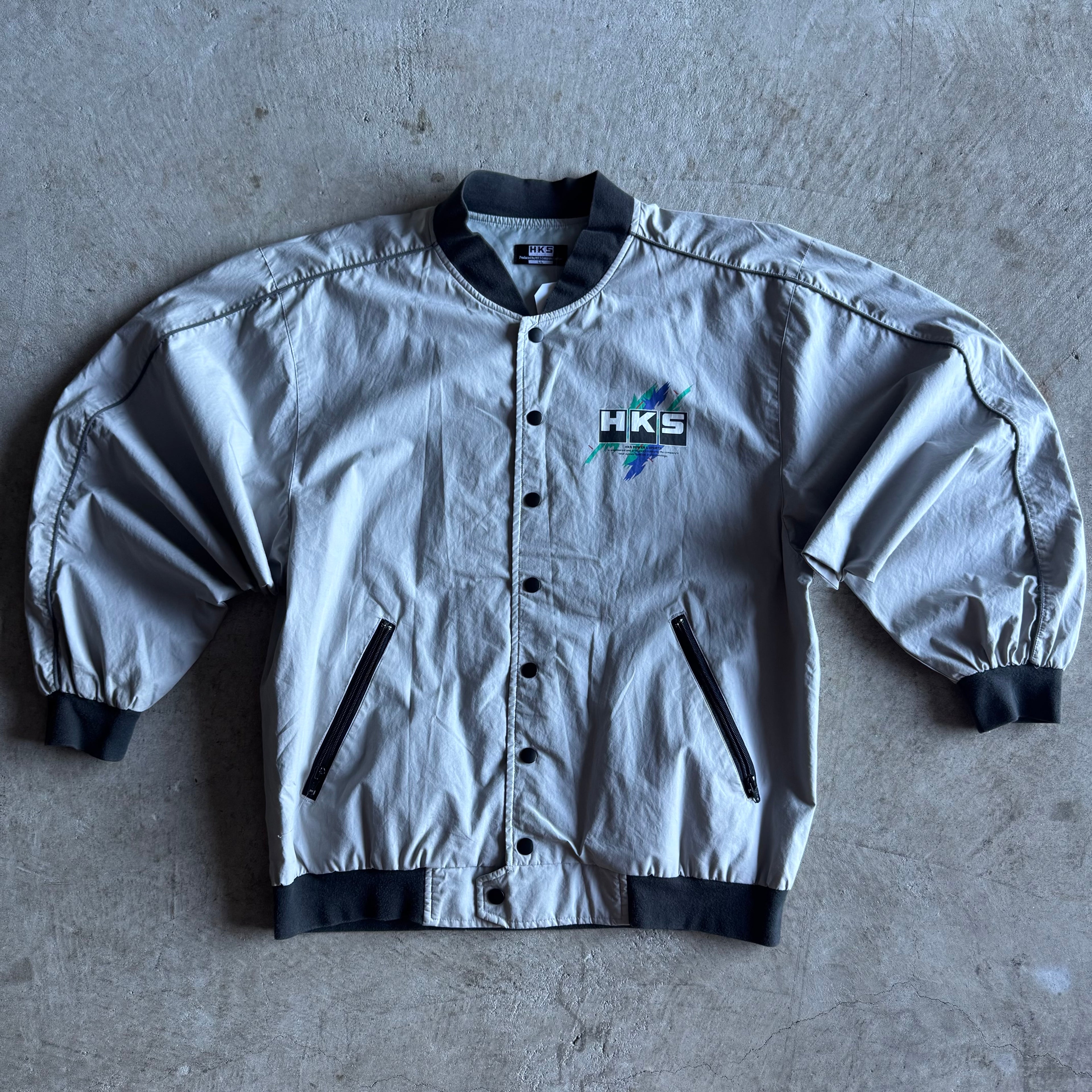Vintage HKS Power Racing Oil Splatter Grey Bomber Jacket Size Large