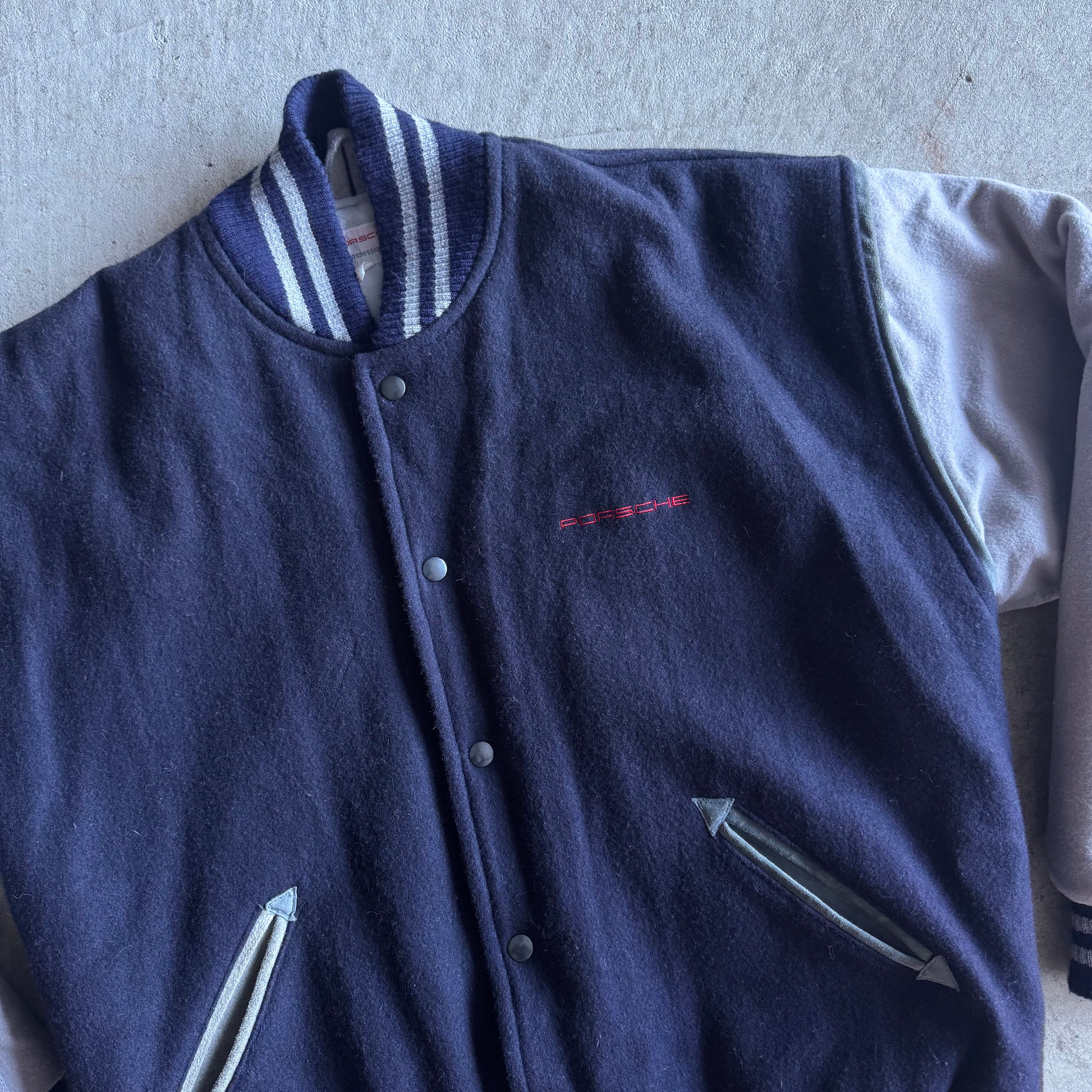 90s Porsche 911 Carrera Navy Wool Varsity Jacket (L)