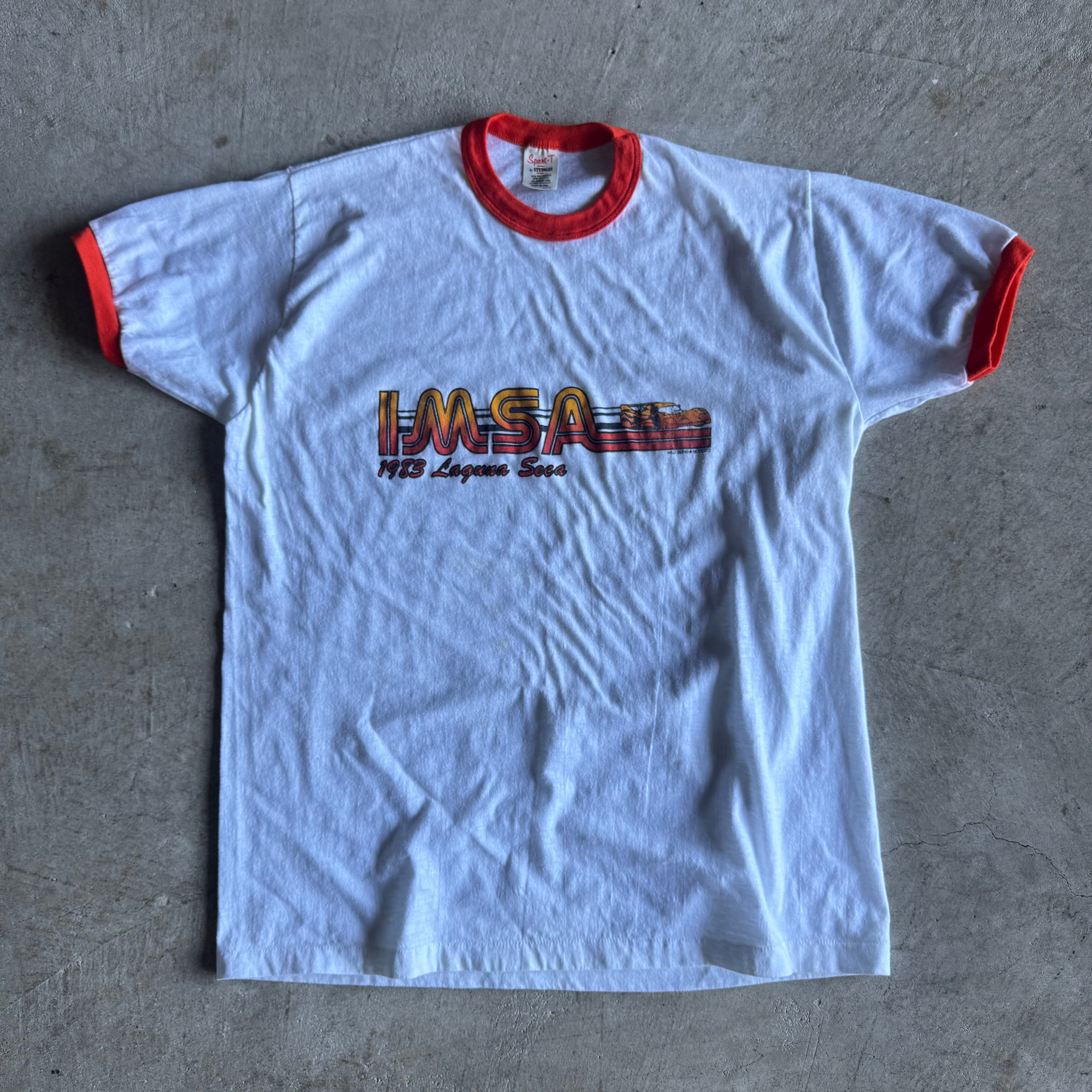 1983 IMSA Laguna Seca White Orange Ringer T Shirt (XL)