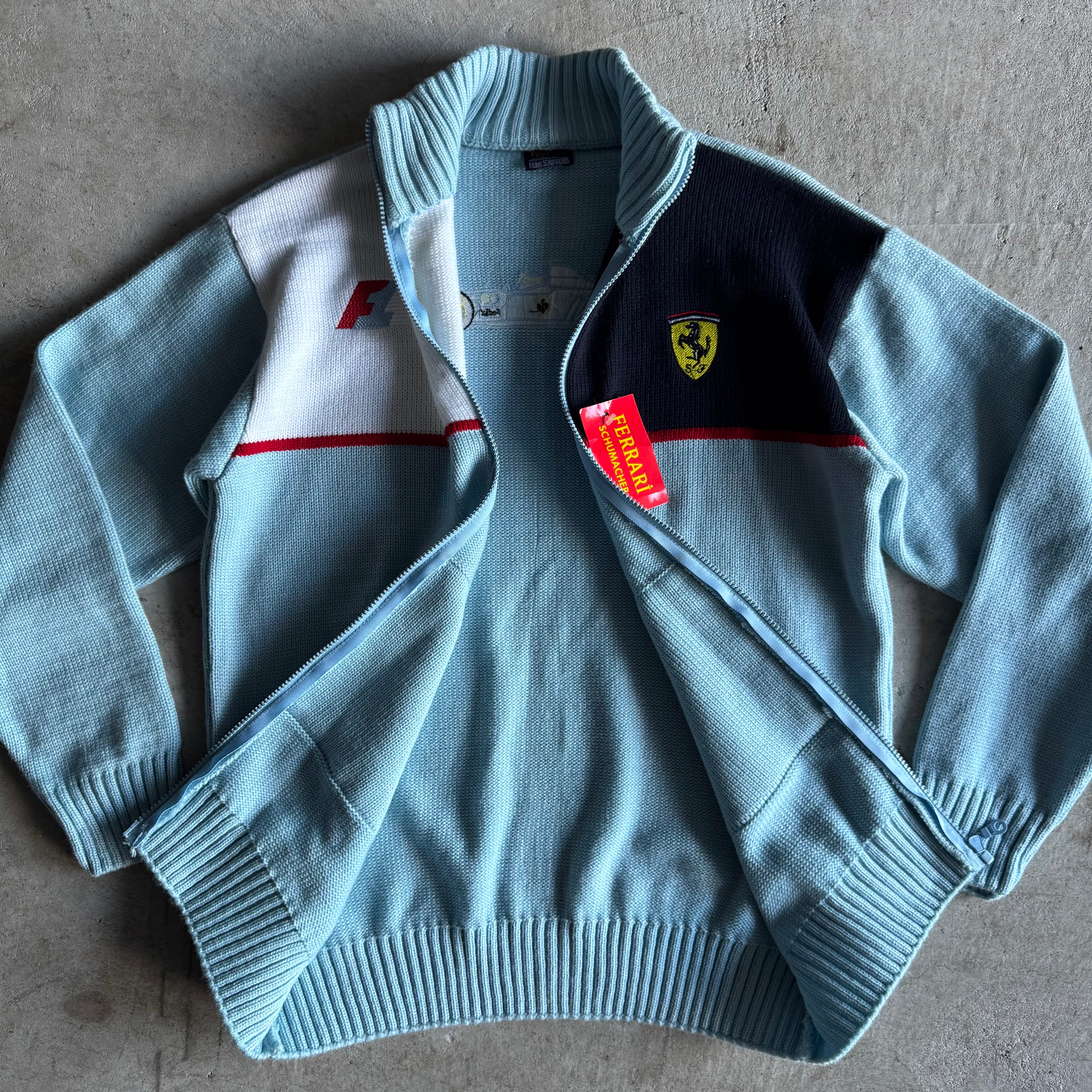 90s Ferrari Michael Schumacher Blue Knit Jacket (L)